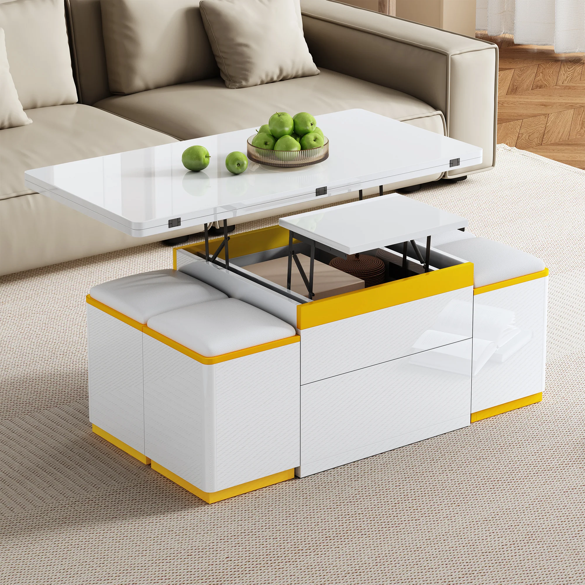 Coffee Table Multifunctional High-Gloss Adjustable Foldable Dining 100x50x43cm - White - Image 10