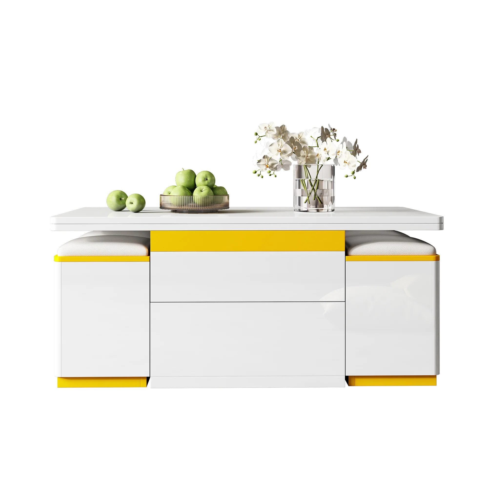 Coffee Table Multifunctional High-Gloss Adjustable Foldable Dining 100x50x43cm - White - Image 2