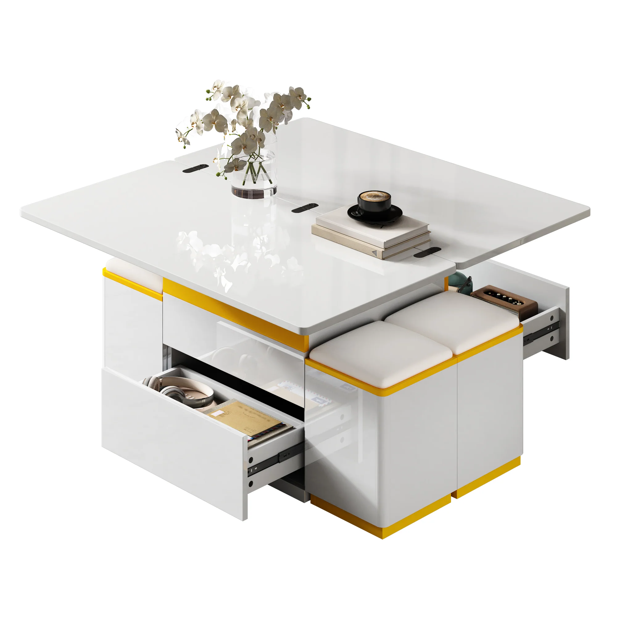 Coffee Table Multifunctional High-Gloss Adjustable Foldable Dining 100x50x43cm - White - Image 3