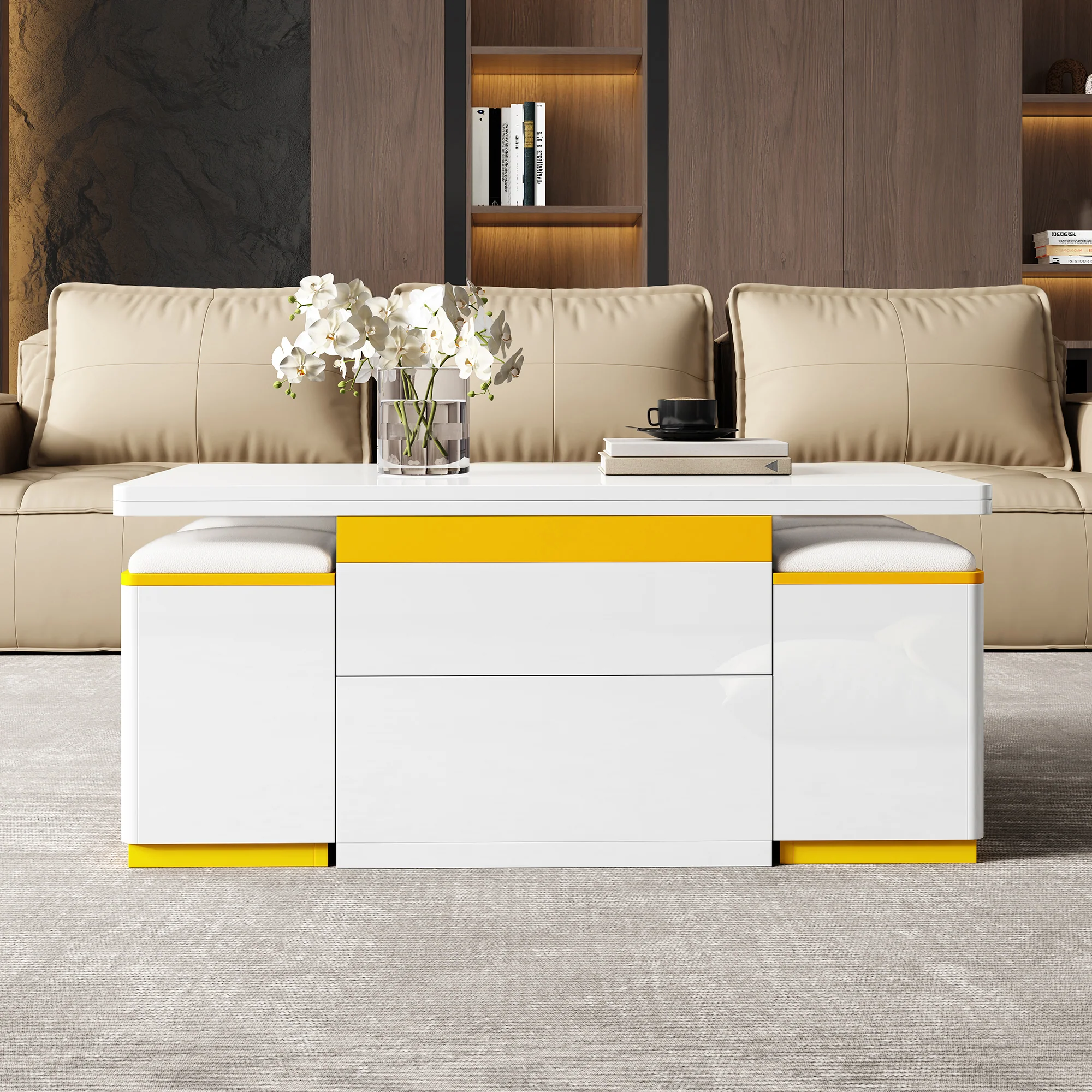 Coffee Table Multifunctional High-Gloss Adjustable Foldable Dining 100x50x43cm - White - Image 4