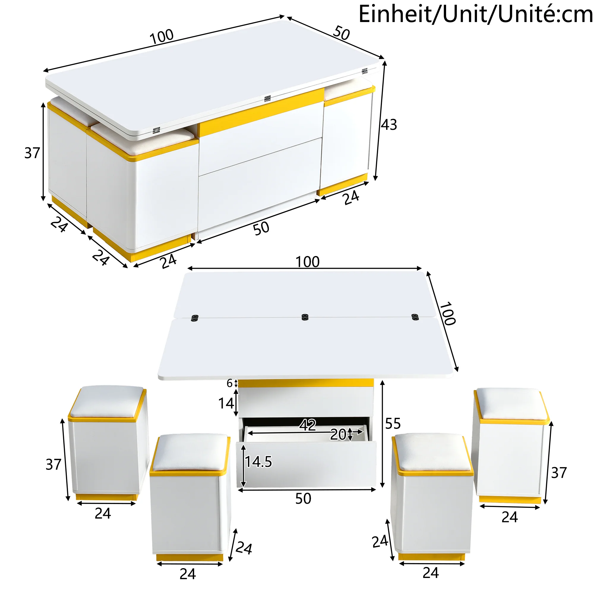 Coffee Table Multifunctional High-Gloss Adjustable Foldable Dining 100x50x43cm - White - Image 5