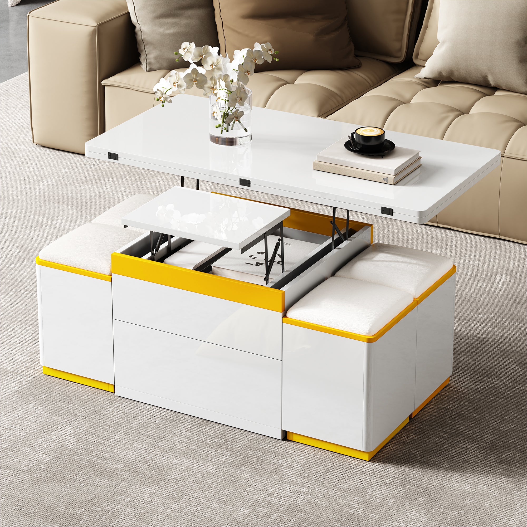 Coffee Table Multifunctional High-Gloss Adjustable Foldable Dining 100x50x43cm - White - Image 6