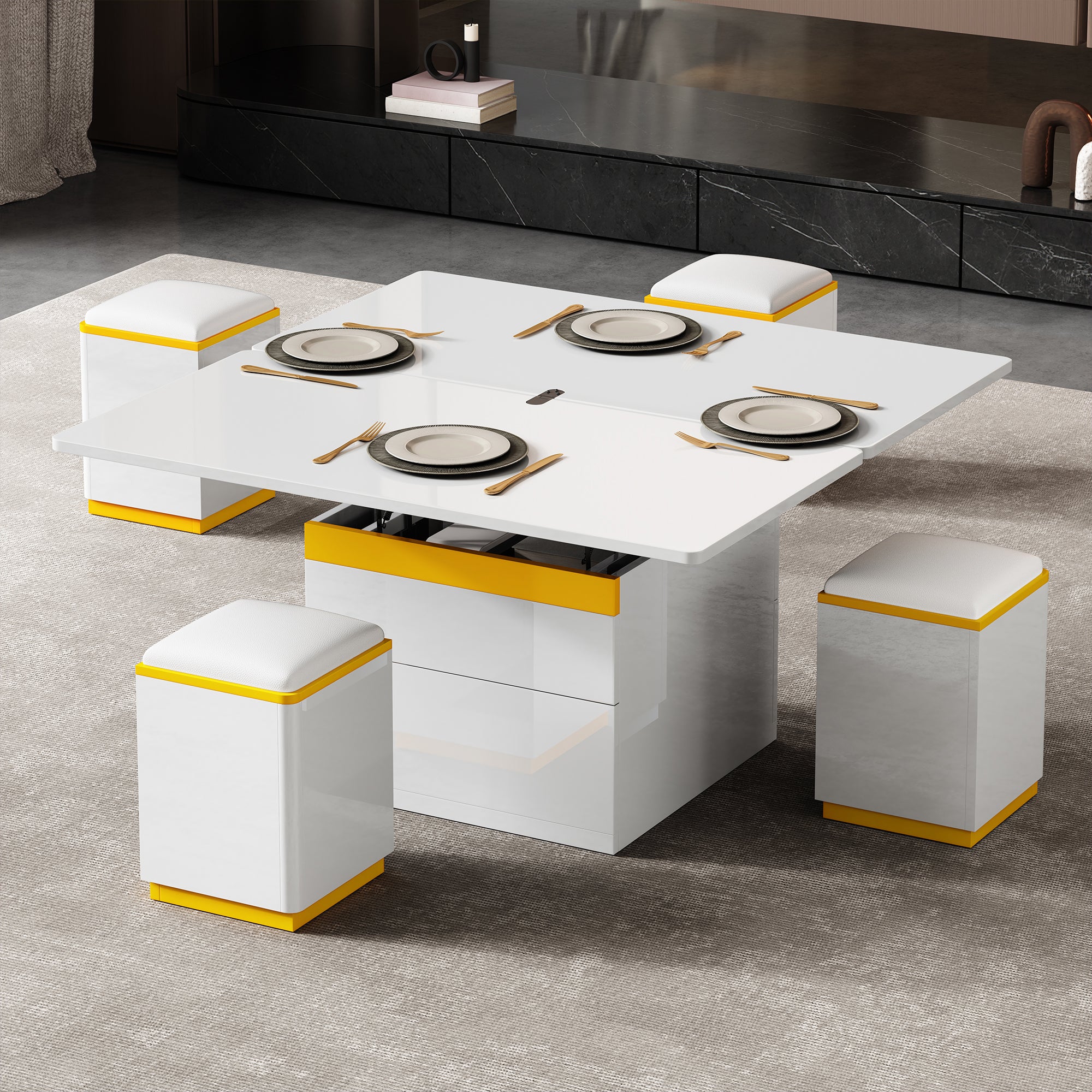 Coffee Table Multifunctional High-Gloss Adjustable Foldable Dining 100x50x43cm - White - Image 7