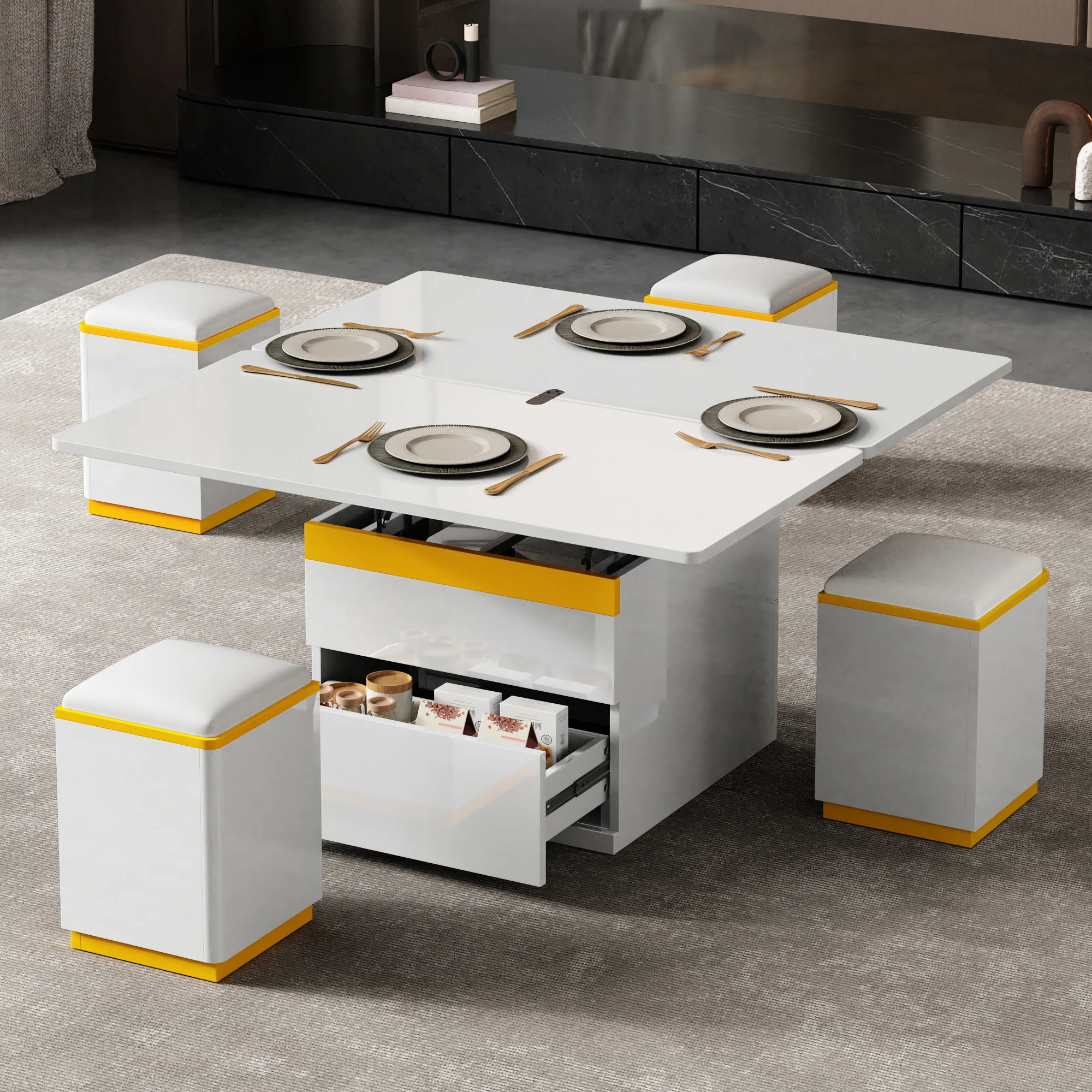 Coffee Table Multifunctional High-Gloss Adjustable Foldable Dining 100x50x43cm - White - Image 8