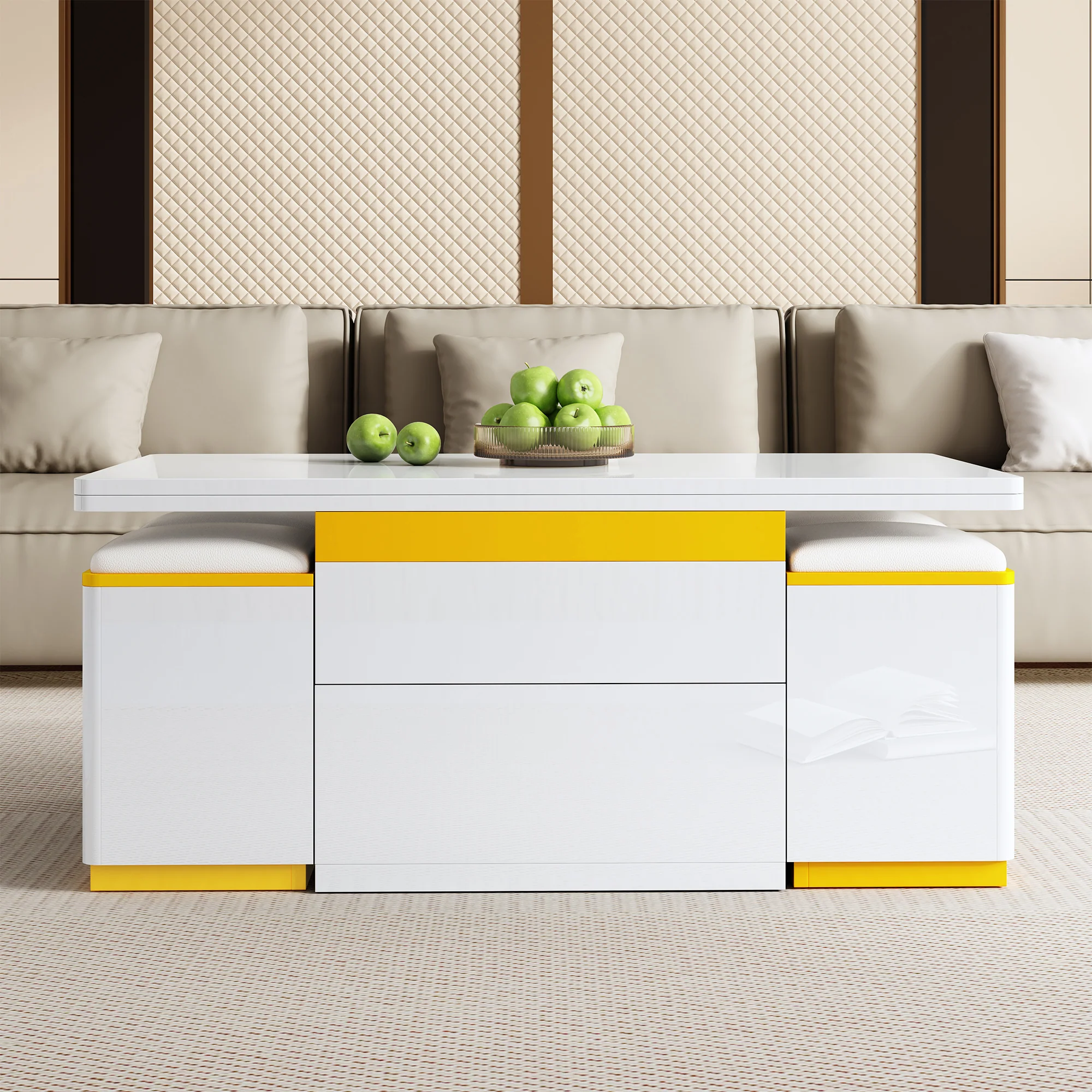 Coffee Table Multifunctional High-Gloss Adjustable Foldable Dining 100x50x43cm - White - Image 9