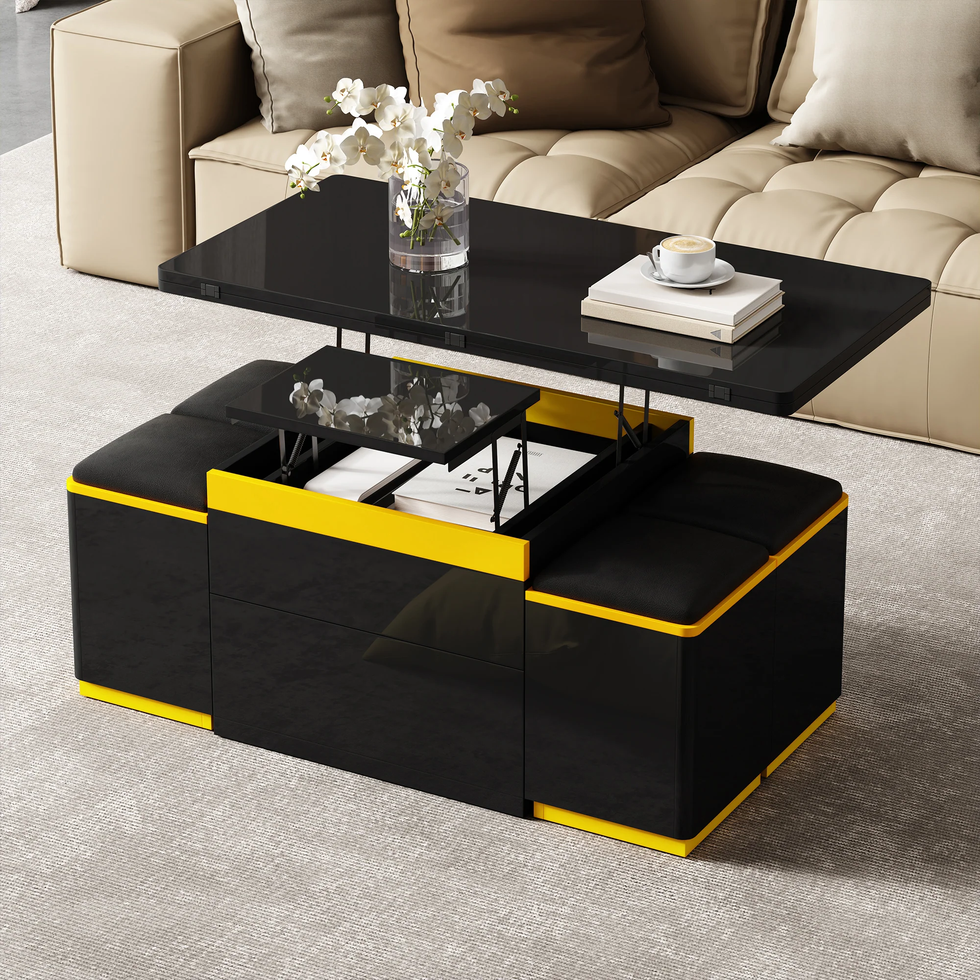 Coffee Table Multifunctional High-Gloss Height-Adjustable Foldable Dining 100x50x43cm - Black