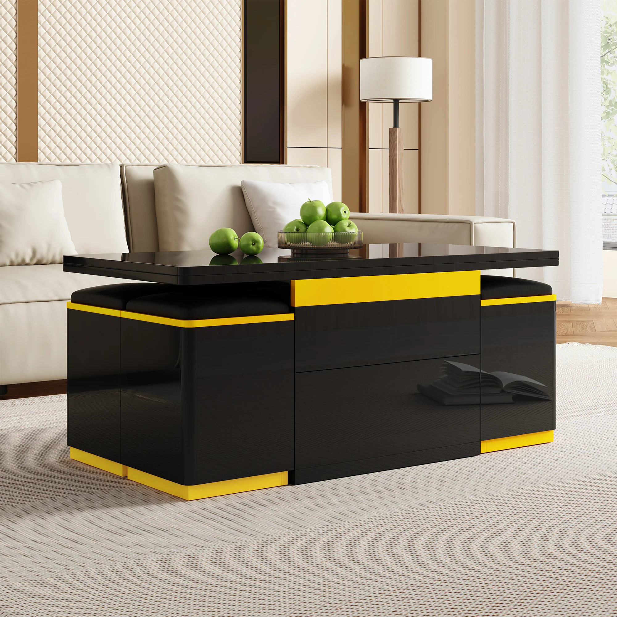 Coffee Table Multifunctional High-Gloss Height-Adjustable Foldable Dining 100x50x43cm - Black - Image 10