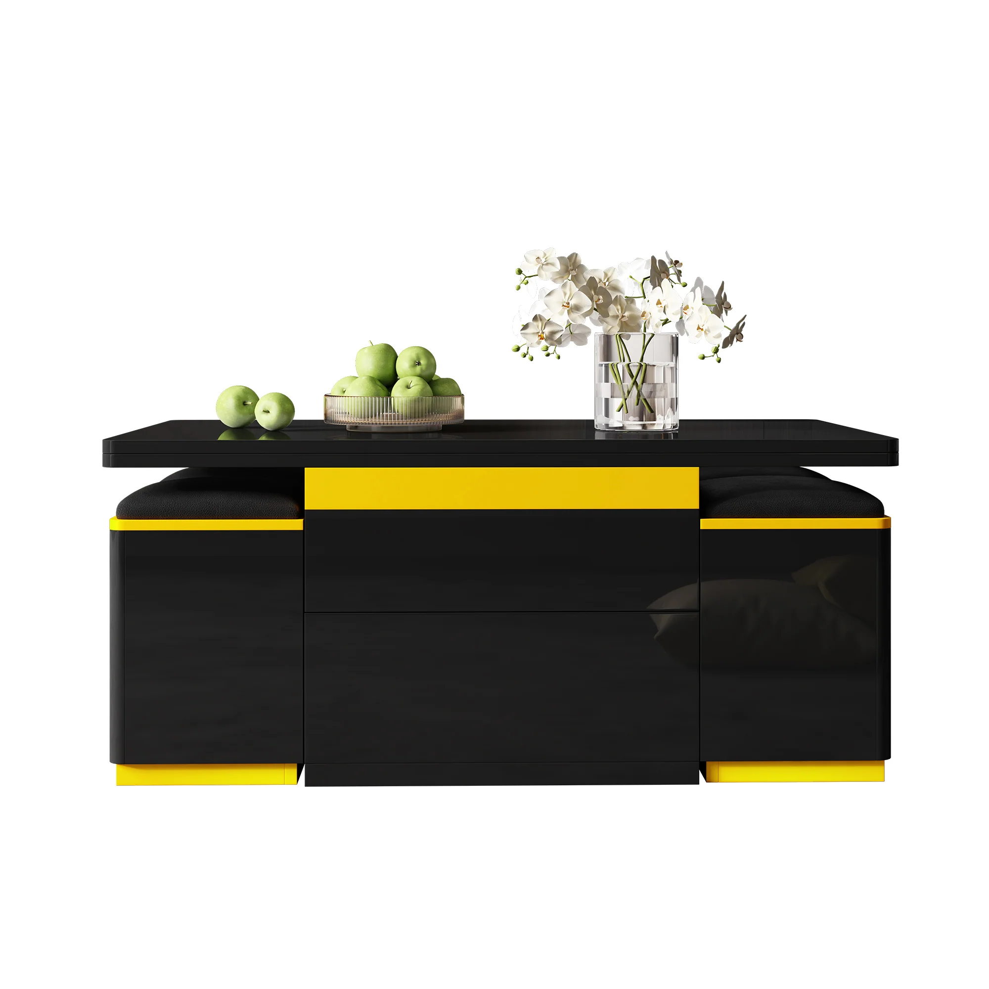 Coffee Table Multifunctional High-Gloss Height-Adjustable Foldable Dining 100x50x43cm - Black - Image 2