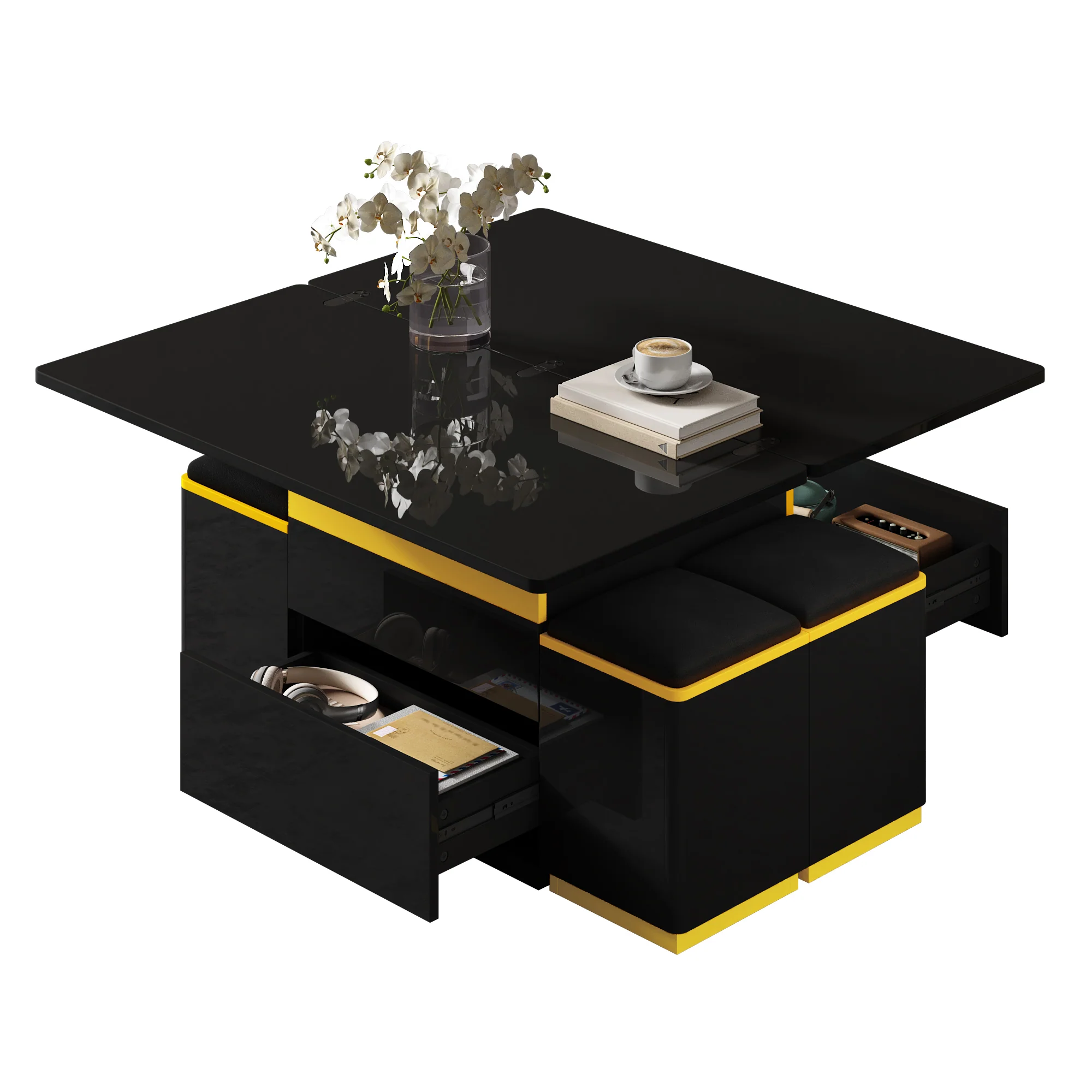 Coffee Table Multifunctional High-Gloss Height-Adjustable Foldable Dining 100x50x43cm - Black - Image 3
