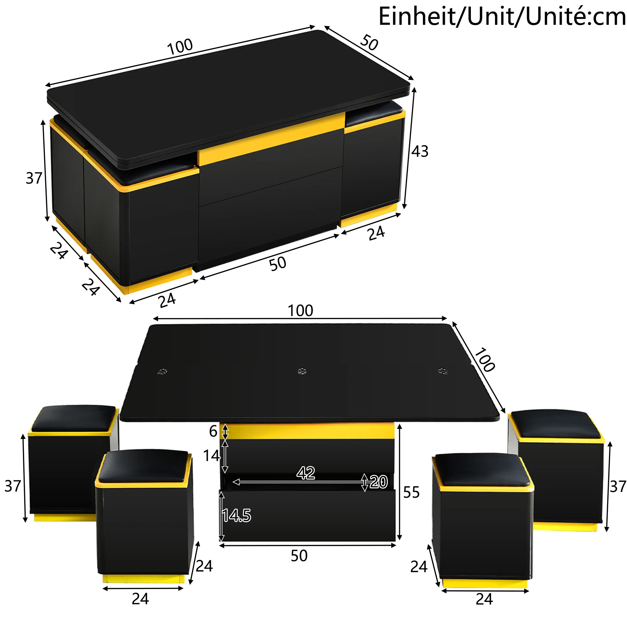 Coffee Table Multifunctional High-Gloss Height-Adjustable Foldable Dining 100x50x43cm - Black - Image 4