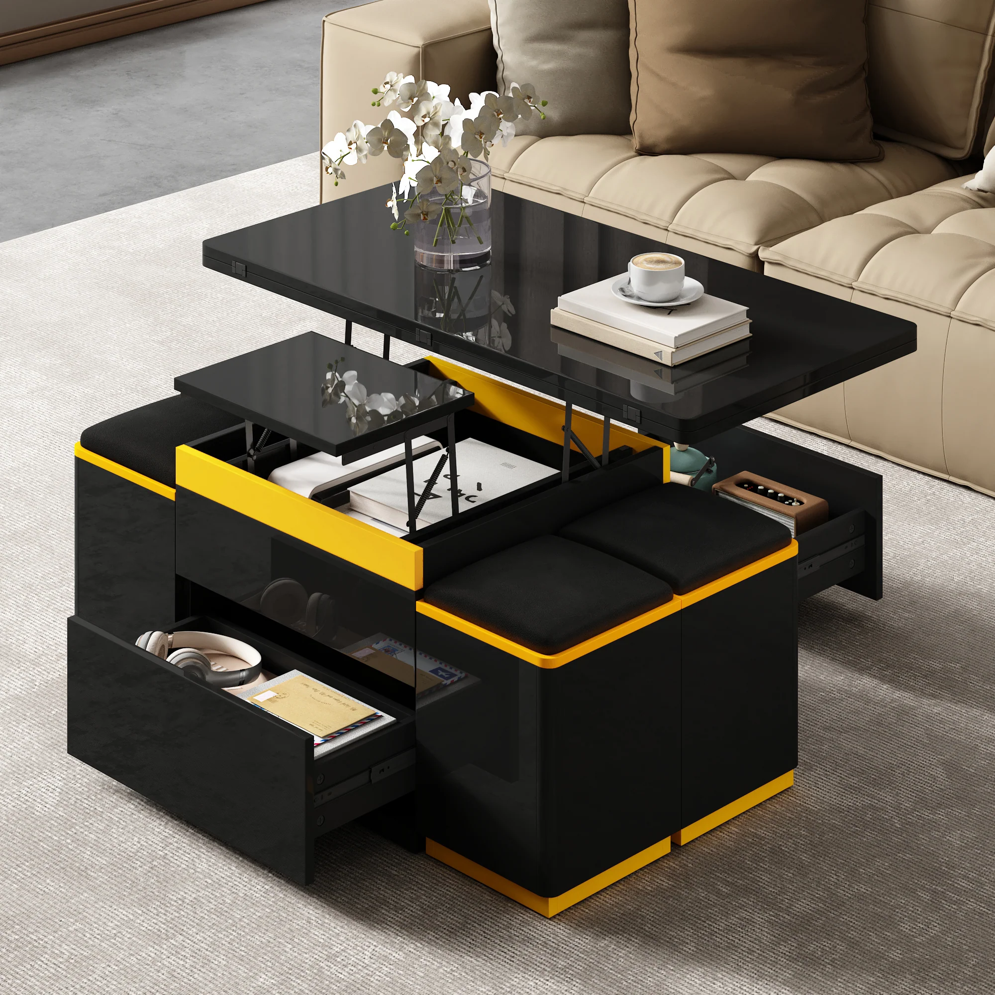 Coffee Table Multifunctional High-Gloss Height-Adjustable Foldable Dining 100x50x43cm - Black - Image 5