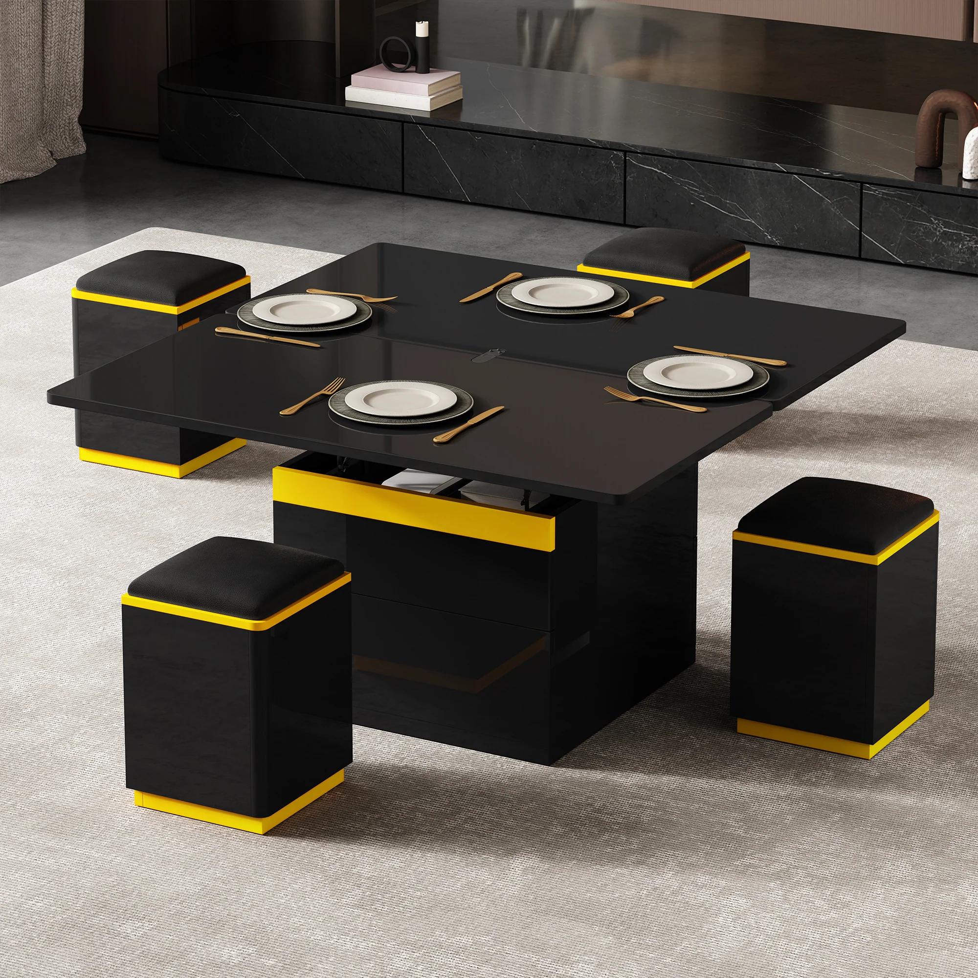 Coffee Table Multifunctional High-Gloss Height-Adjustable Foldable Dining 100x50x43cm - Black - Image 6