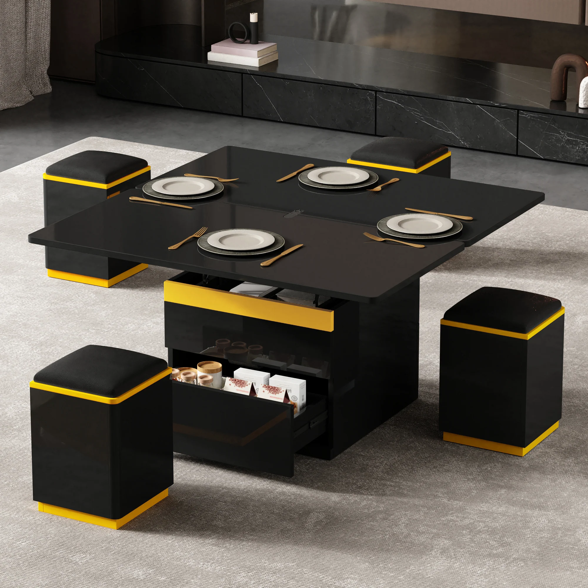 Coffee Table Multifunctional High-Gloss Height-Adjustable Foldable Dining 100x50x43cm - Black - Image 7
