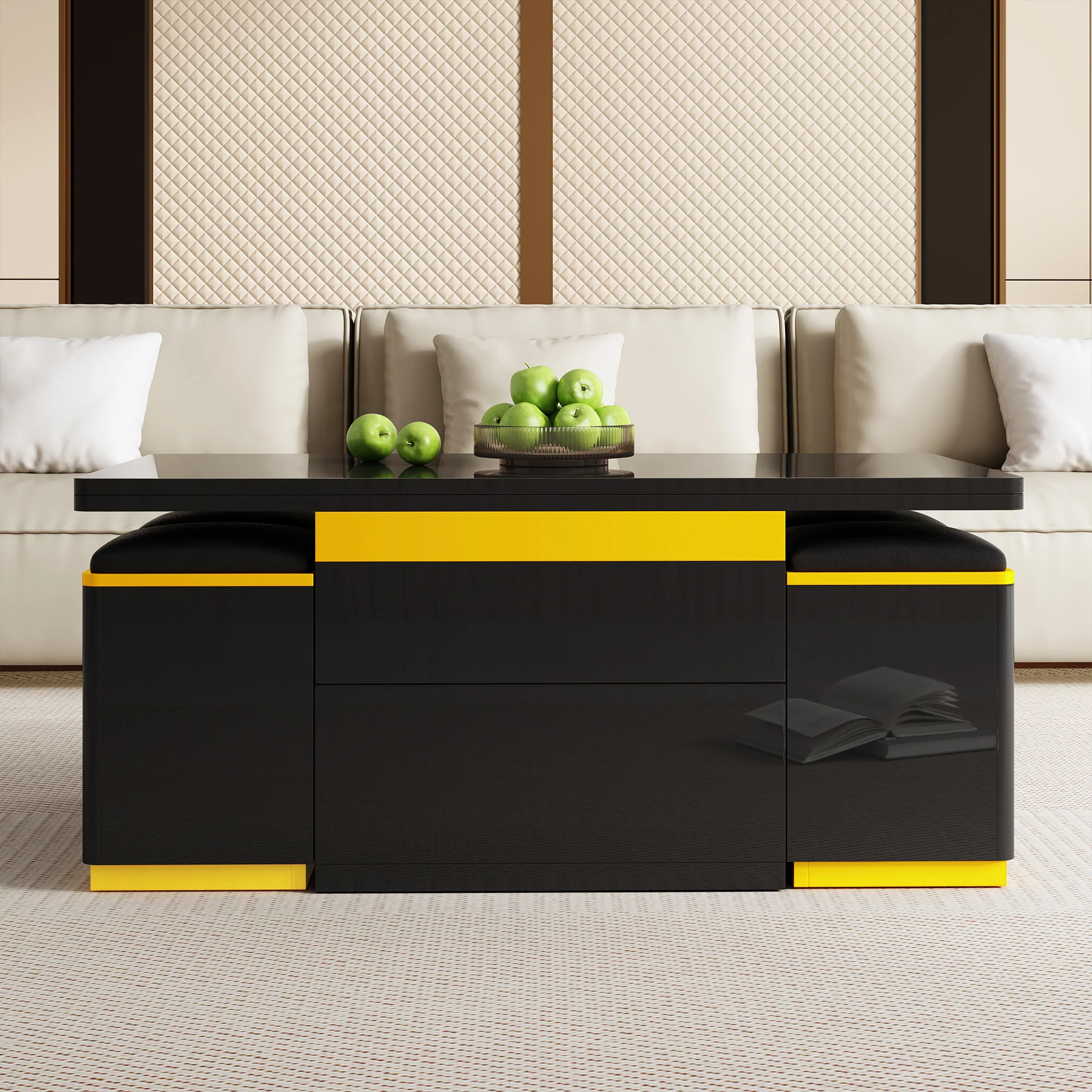 Coffee Table Multifunctional High-Gloss Height-Adjustable Foldable Dining 100x50x43cm - Black - Image 8