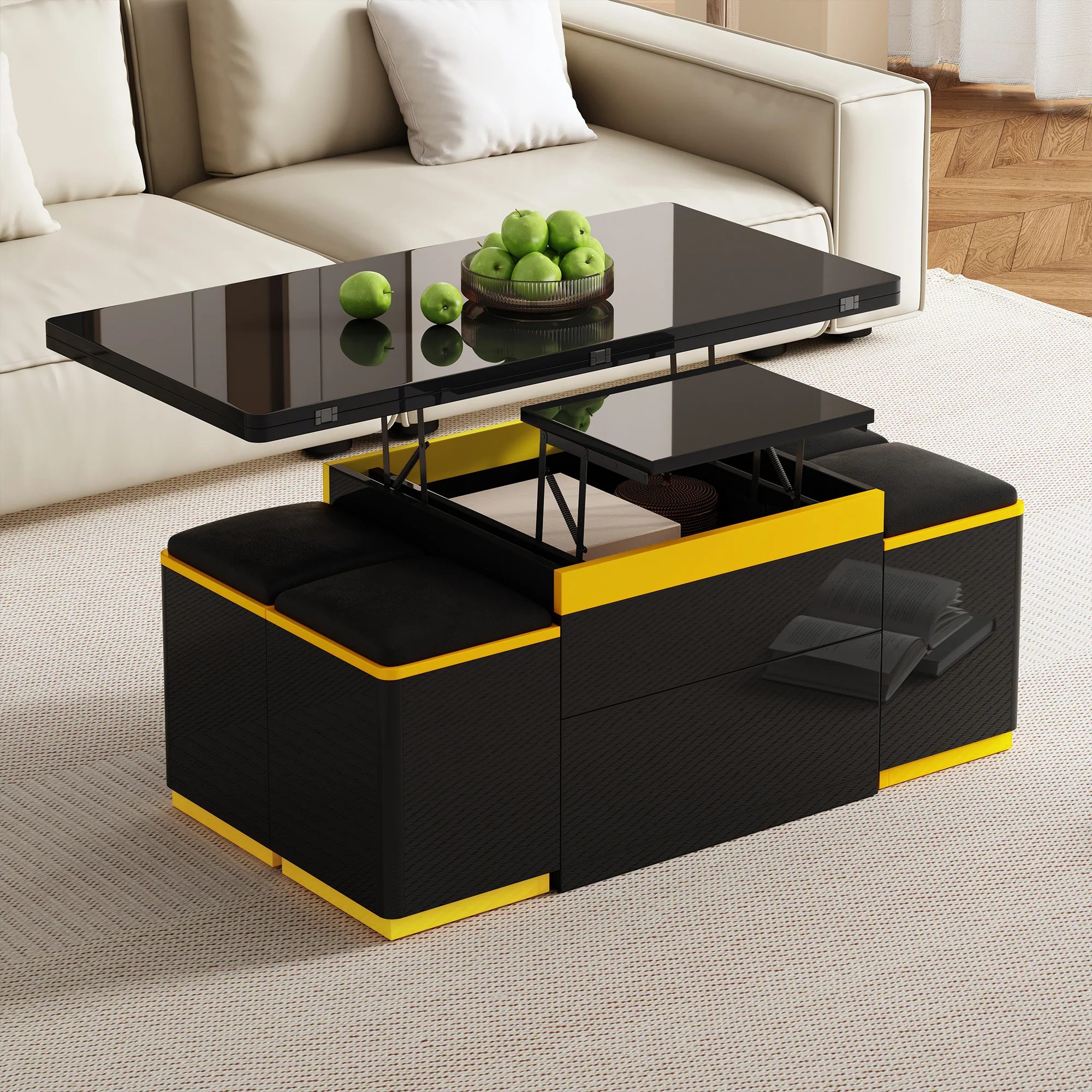 Coffee Table Multifunctional High-Gloss Height-Adjustable Foldable Dining 100x50x43cm - Black - Image 9