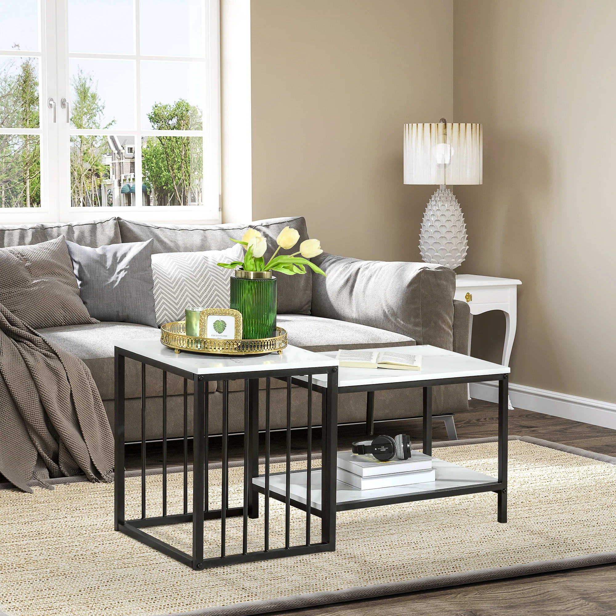 Coffee Table Set of 2 Nesting Modern Marble Look, Steel