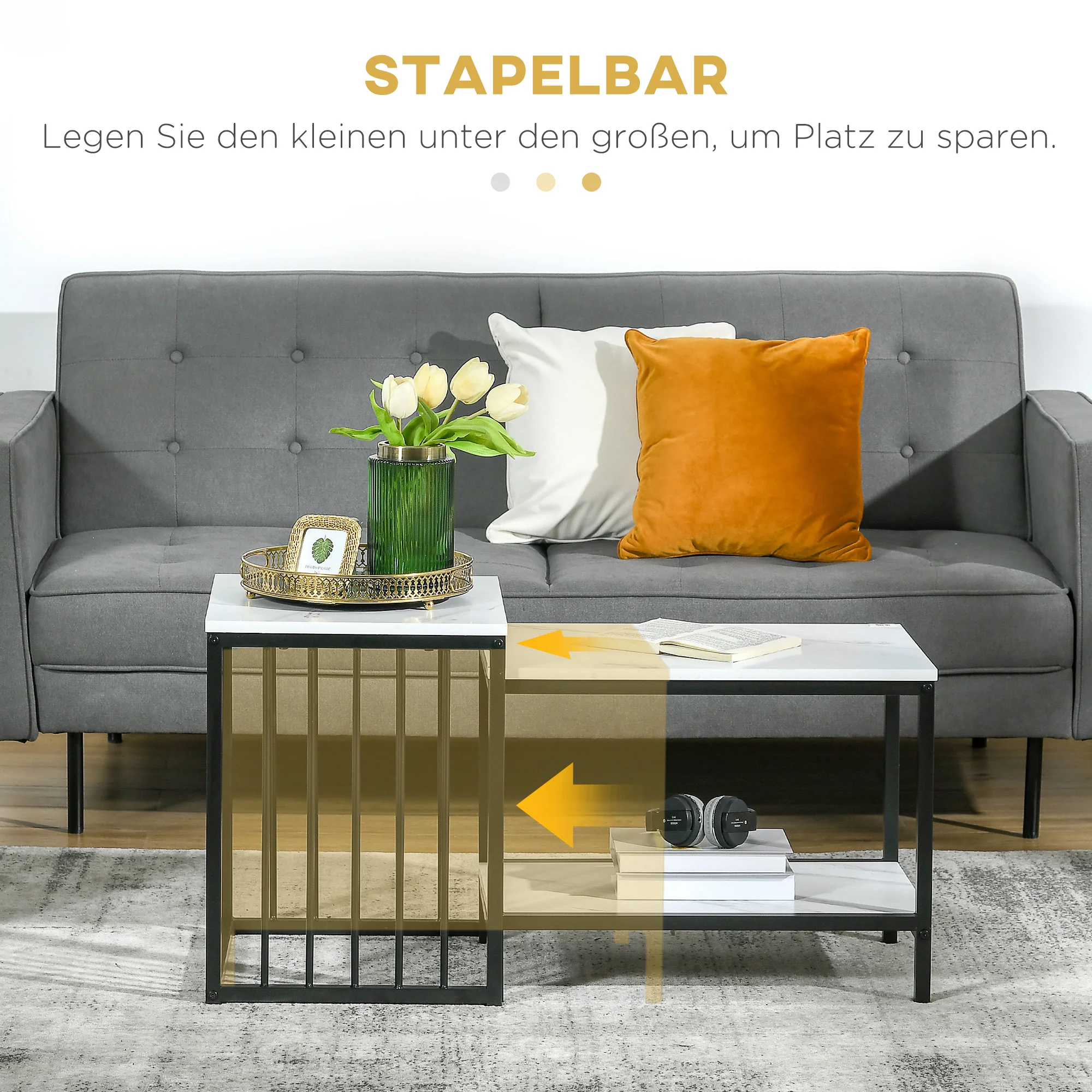 Coffee Table Set of 2 Nesting Modern Marble Look, Steel - Image 4
