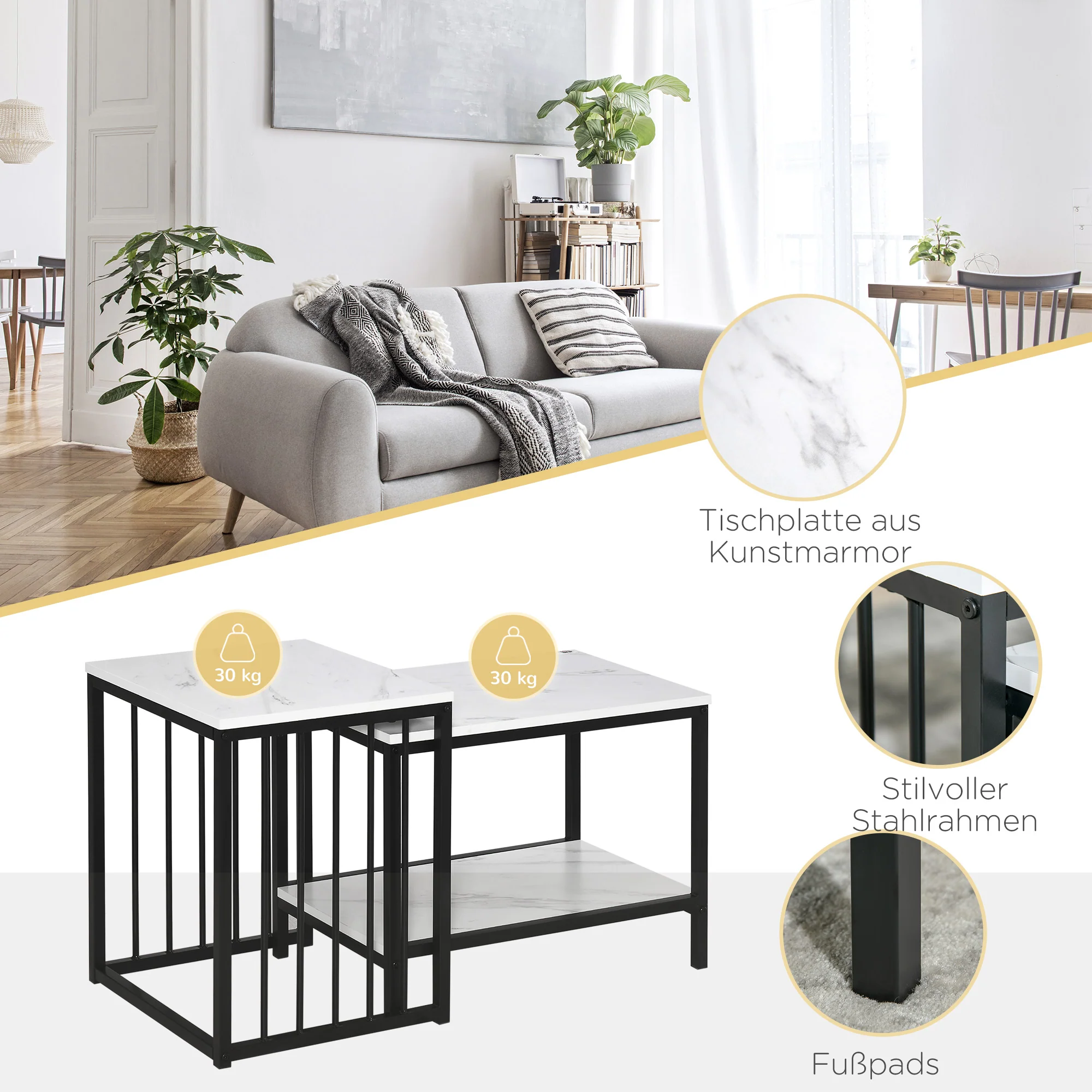 Coffee Table Set of 2 Nesting Modern Marble Look, Steel - Image 5