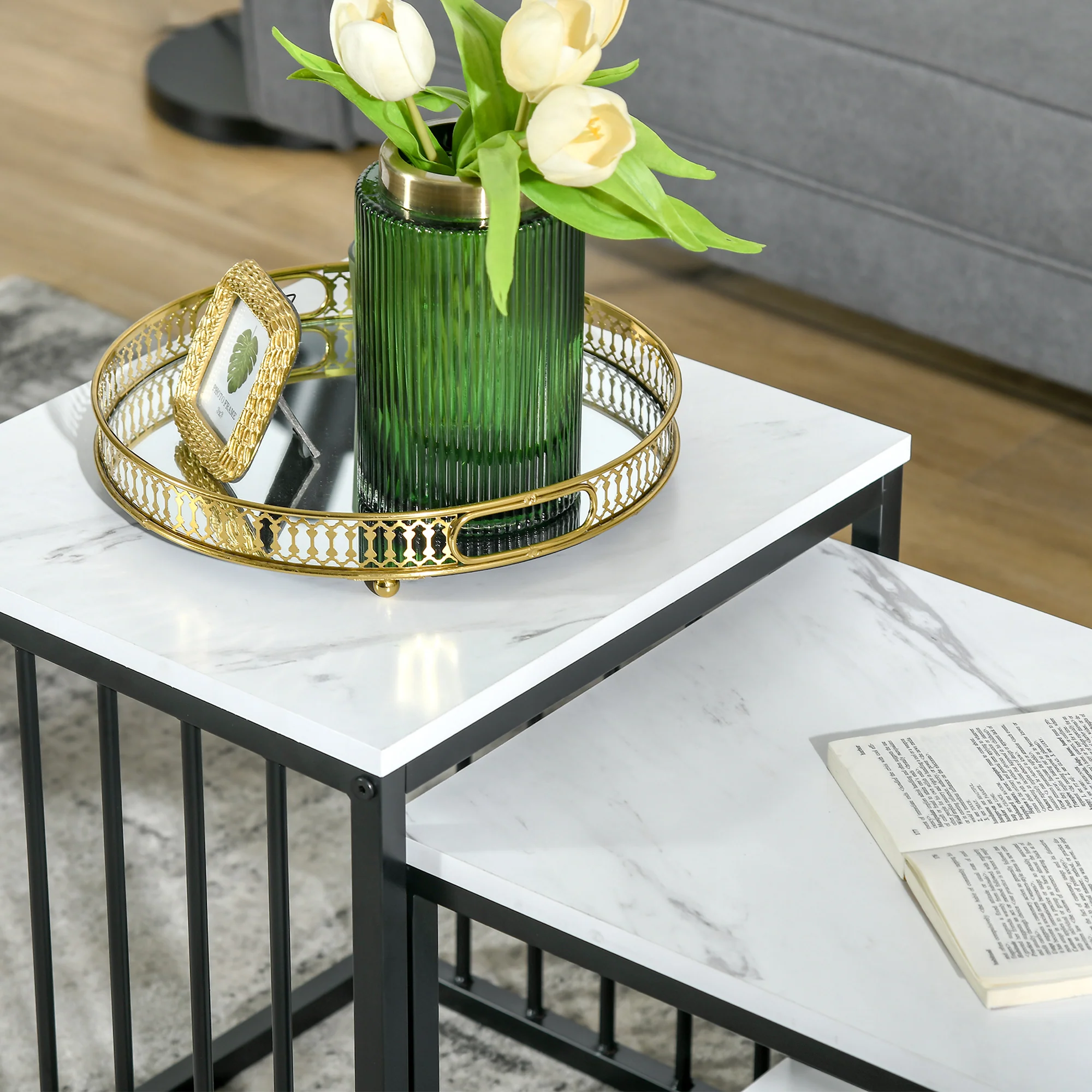 Coffee Table Set of 2 Nesting Modern Marble Look, Steel - Image 7