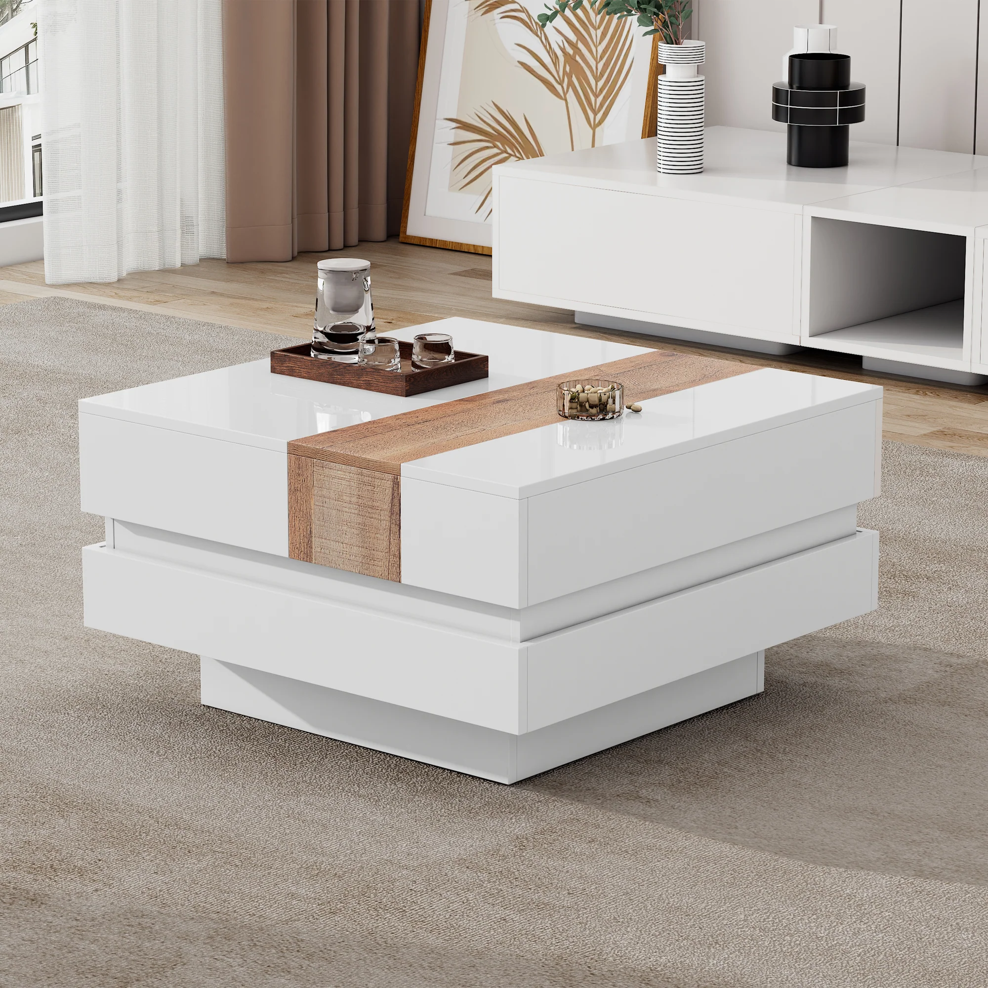 Coffee Table, Square with Extendable Top & Hidden Storage, White High Gloss - Image 3