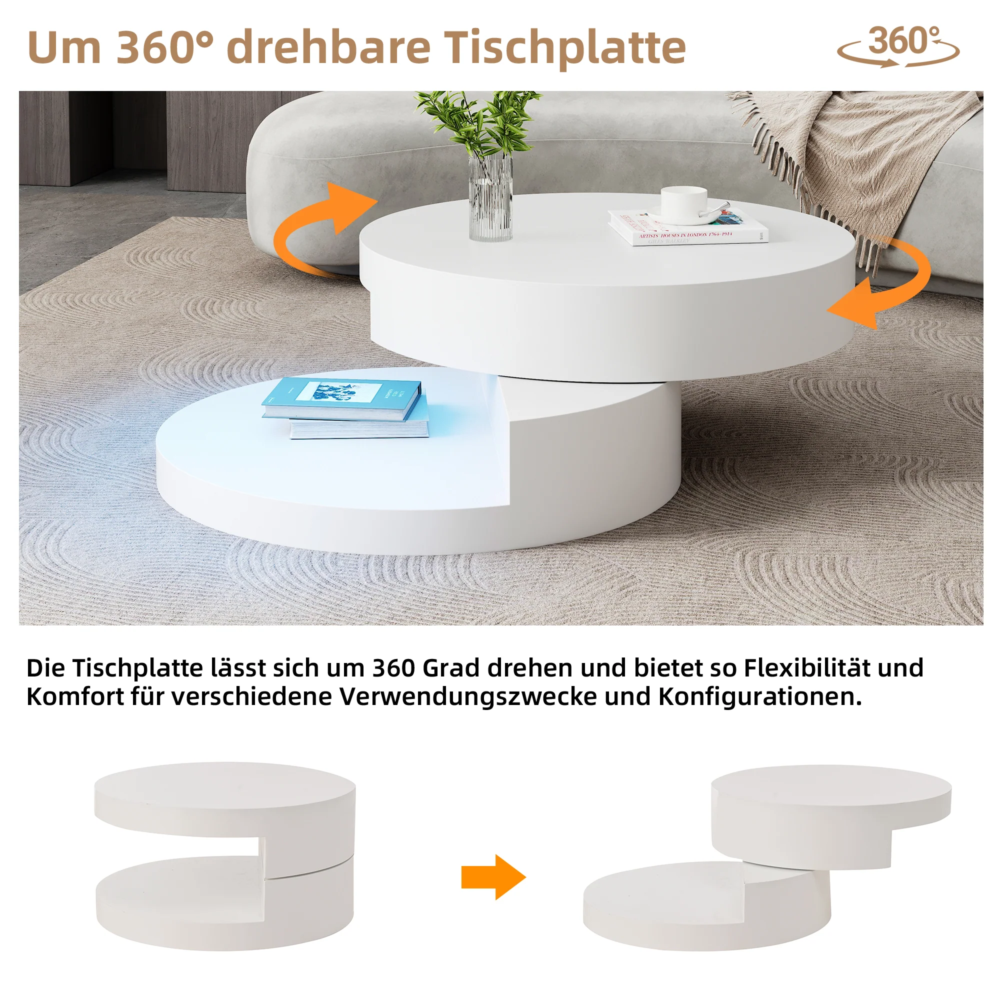 Coffee Table Swivel 360° LED Light Cylindrical MDF White - Image 3