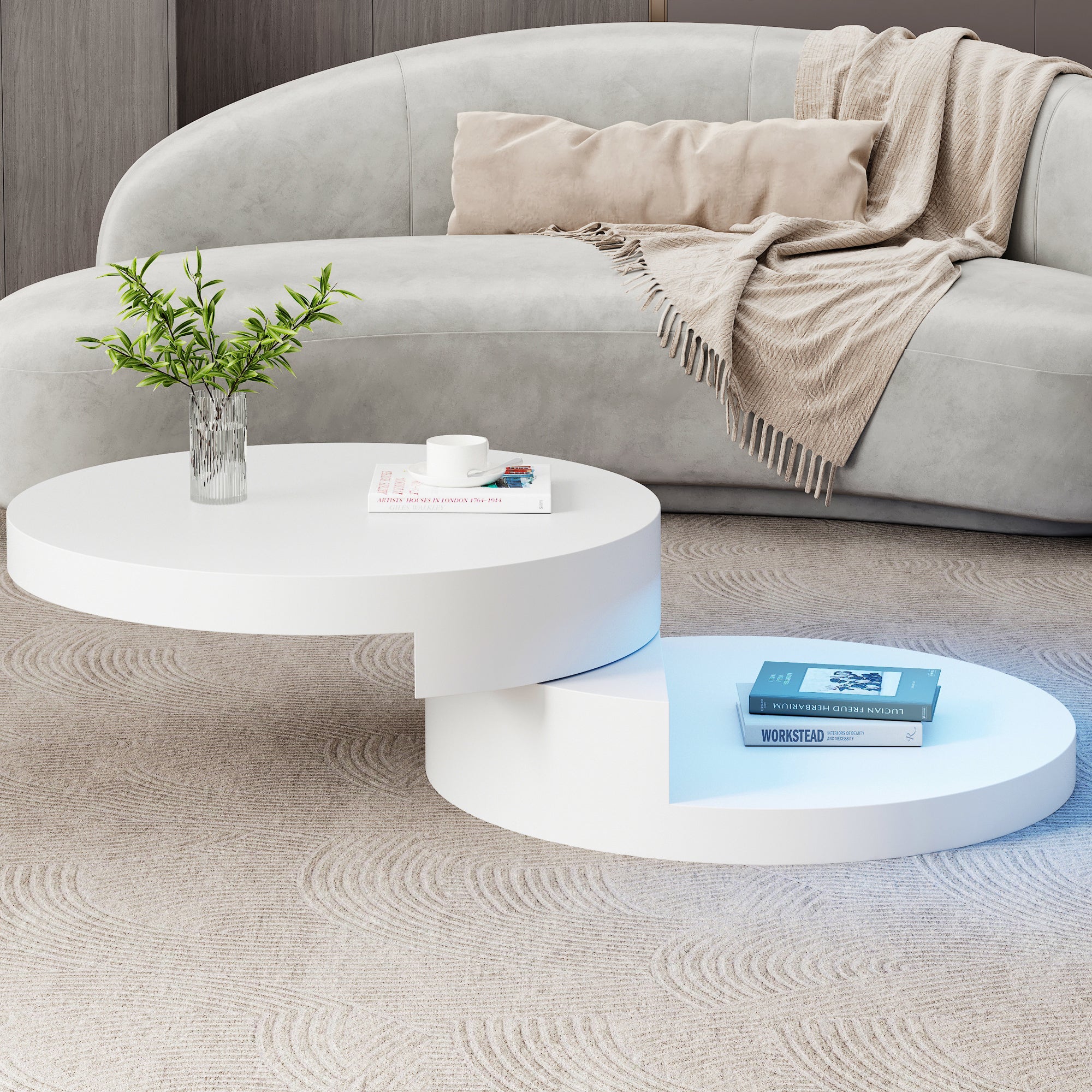 Coffee Table Swivel 360° LED Light Cylindrical MDF White - Image 4