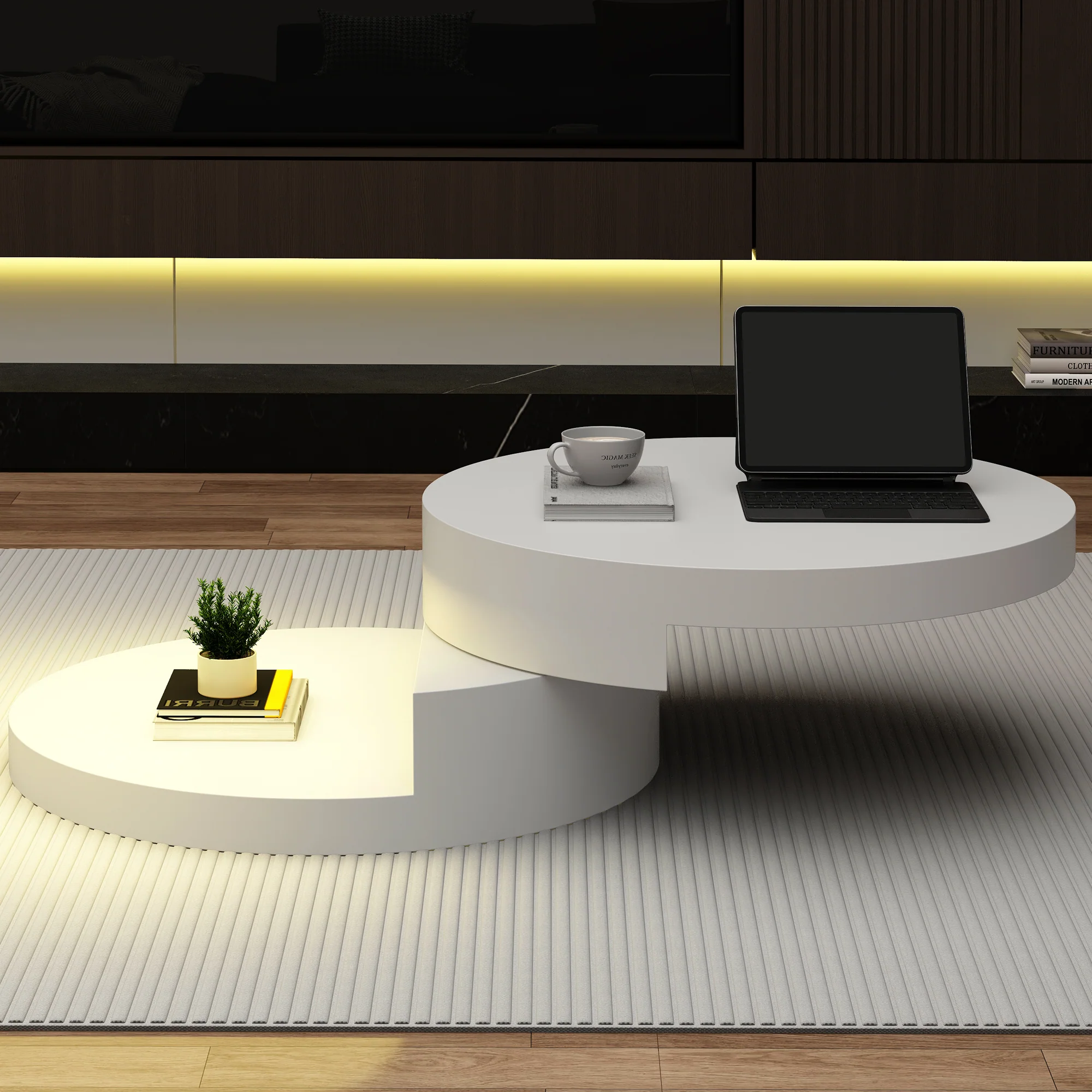Coffee Table Swivel 360° LED Light Cylindrical MDF White - Image 5