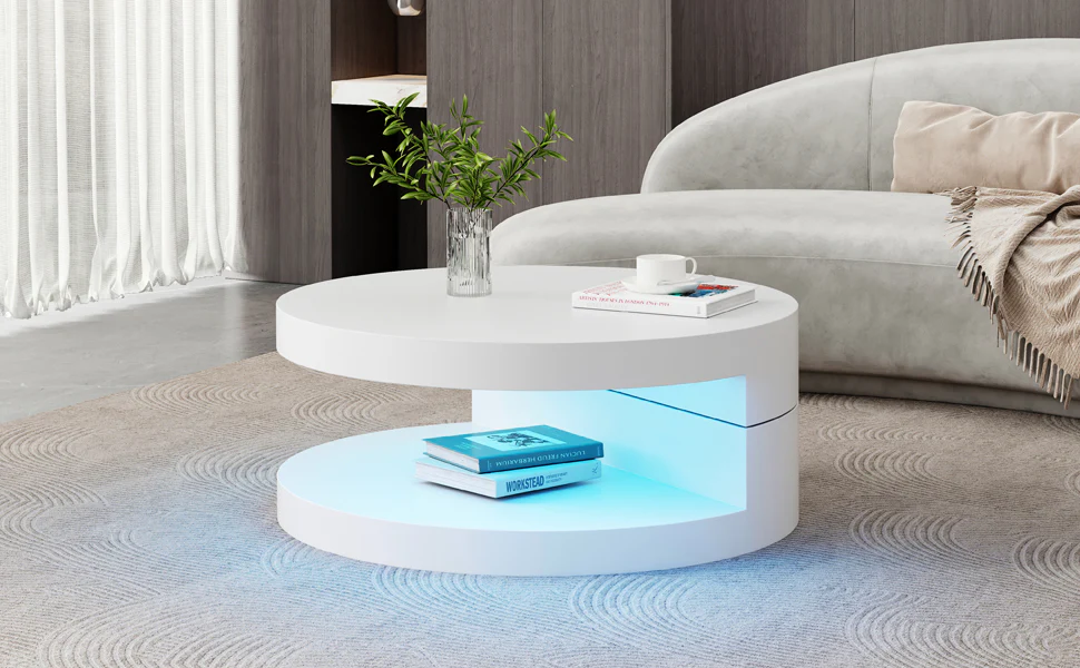 Coffee Table Swivel 360° LED Light Cylindrical MDF White - Image 6