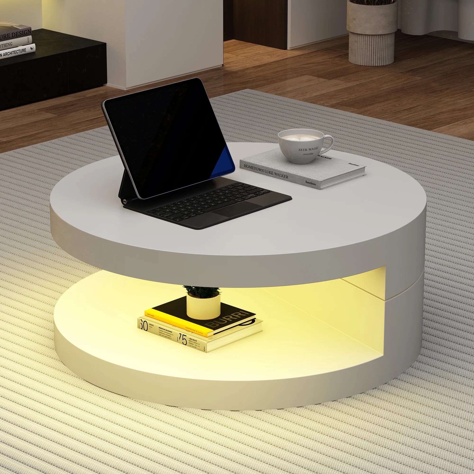 Coffee Table Swivel 360° LED Light Cylindrical MDF White - Image 7