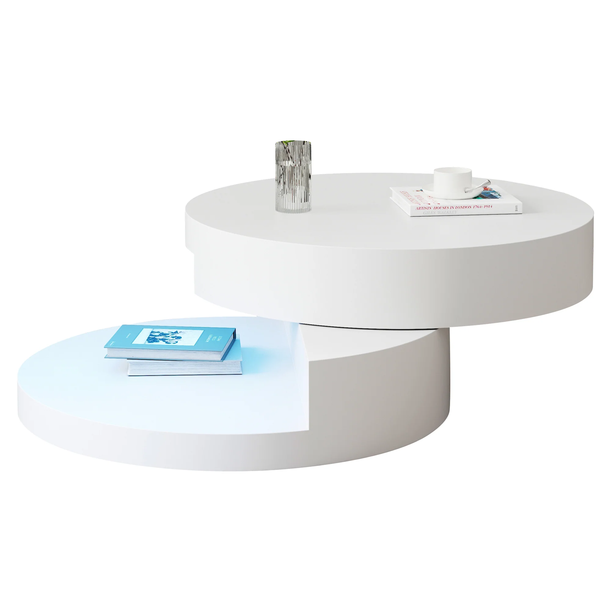 Coffee Table Swivel 360° LED Light Cylindrical MDF White - Image 8