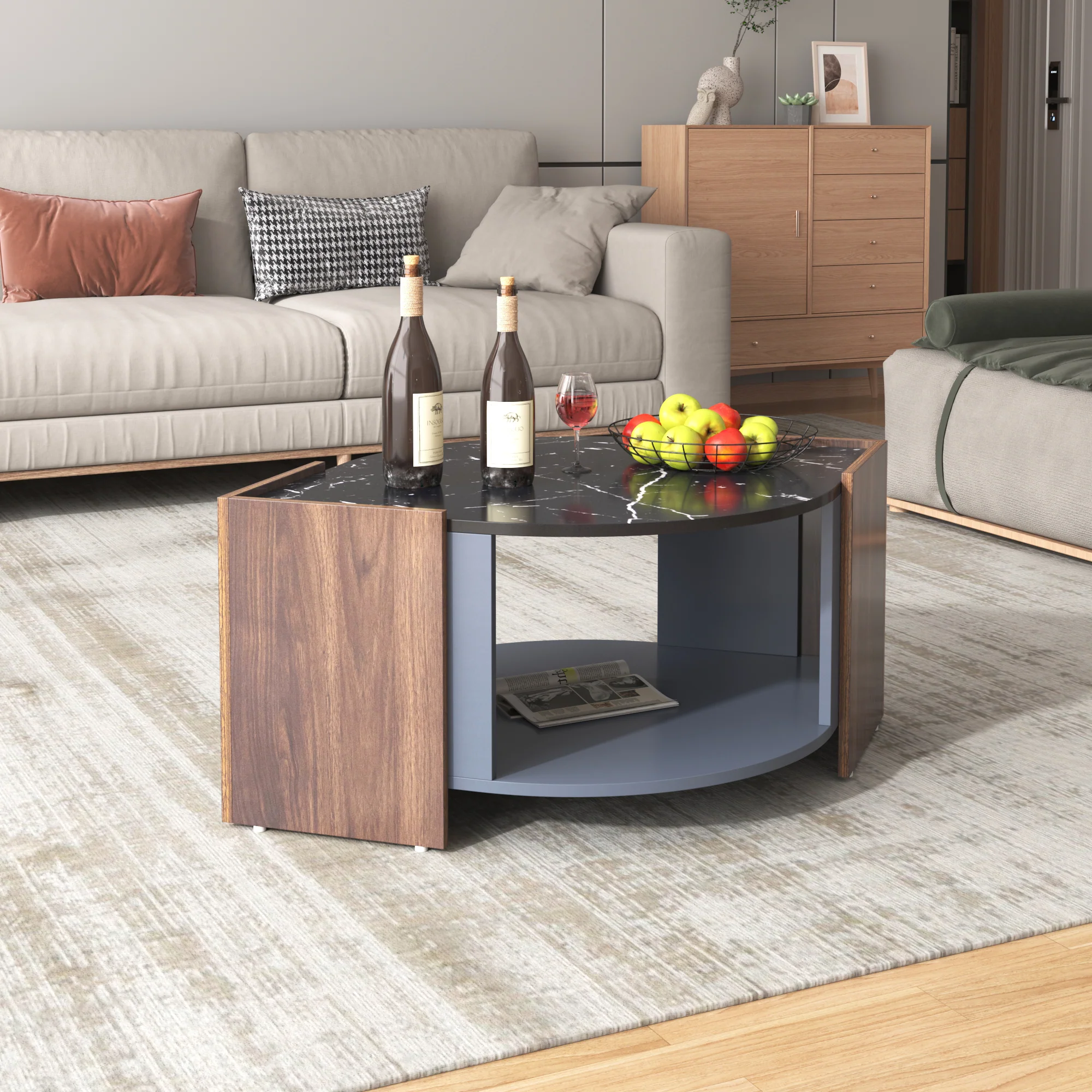 Coffee Table, Textured with Unique Lines, Marble/Walnut Contrast - Image 6