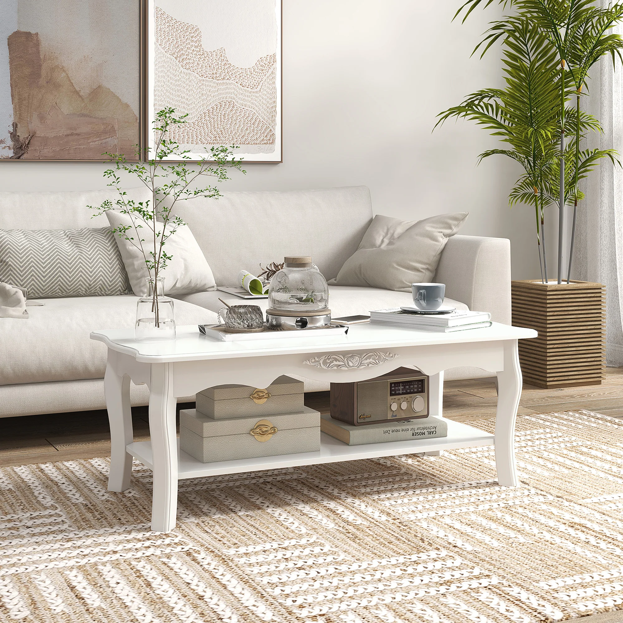 Coffee Table with Storage Shelf for Living Room, White Wood