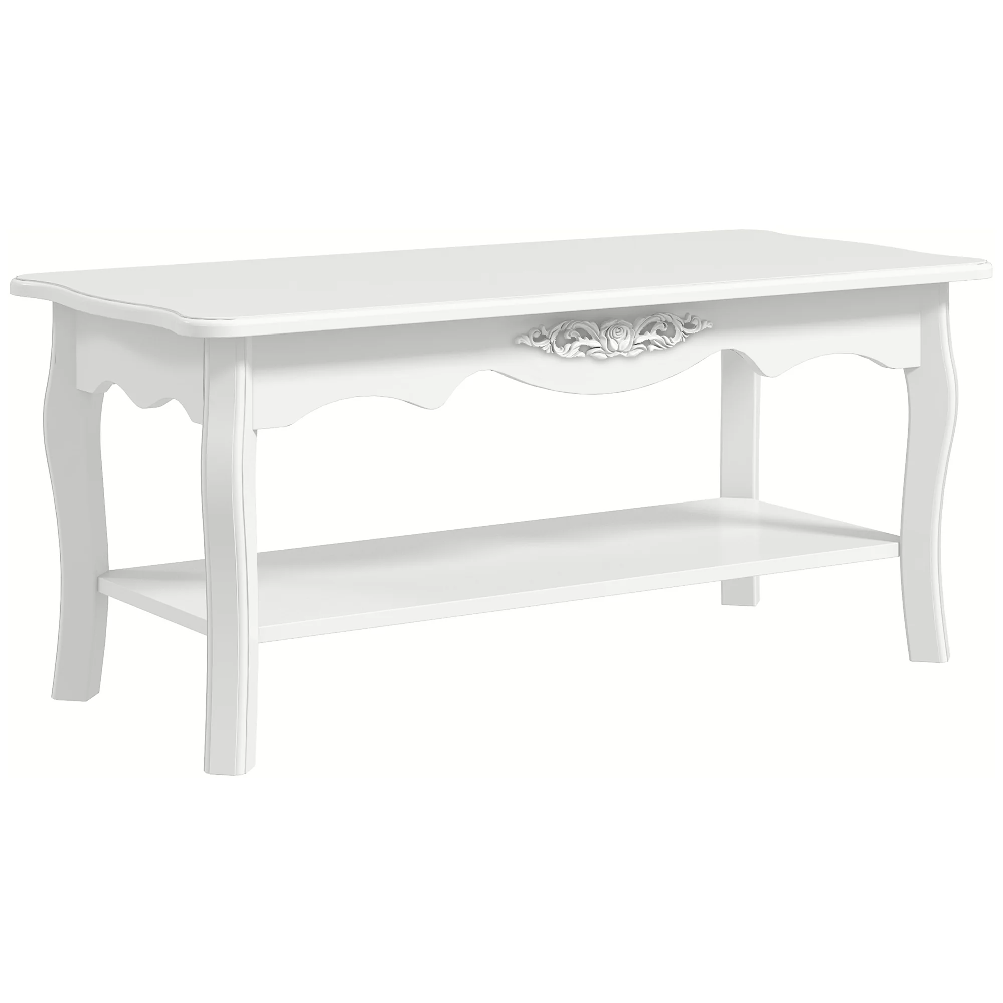 Coffee Table with Storage Shelf for Living Room, White Wood - Image 2
