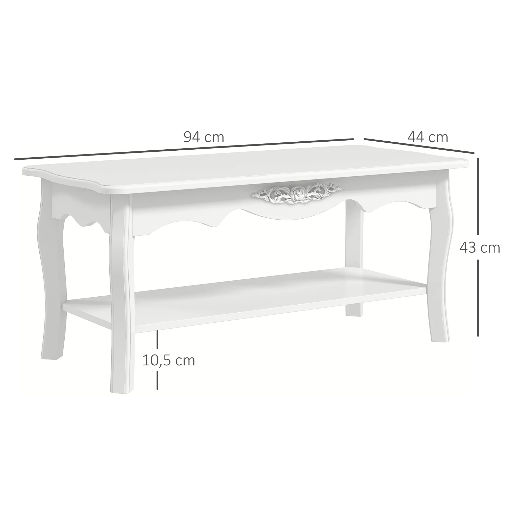 Coffee Table with Storage Shelf for Living Room, White Wood - Image 3