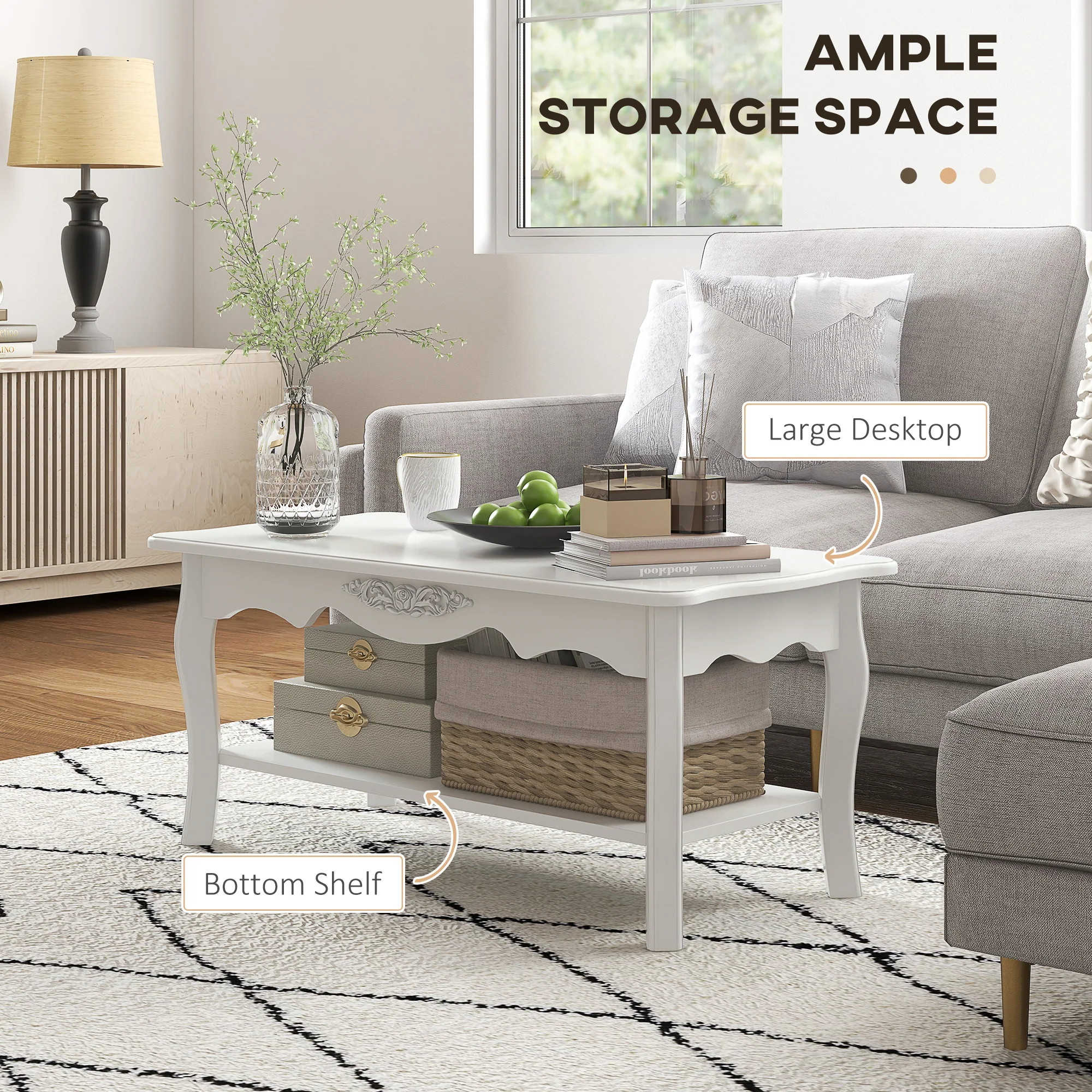 Coffee Table with Storage Shelf for Living Room, White Wood - Image 4