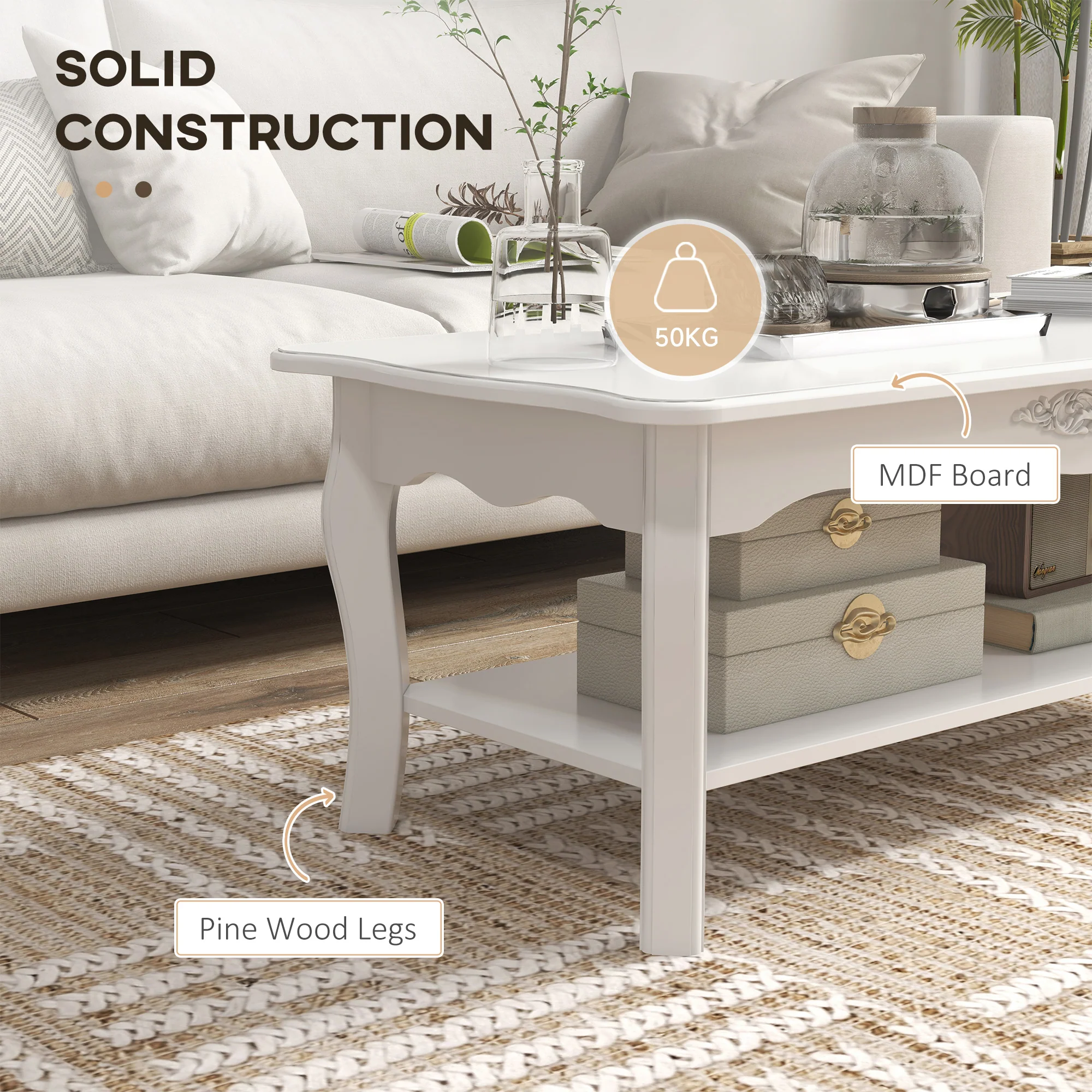 Coffee Table with Storage Shelf for Living Room, White Wood - Image 5