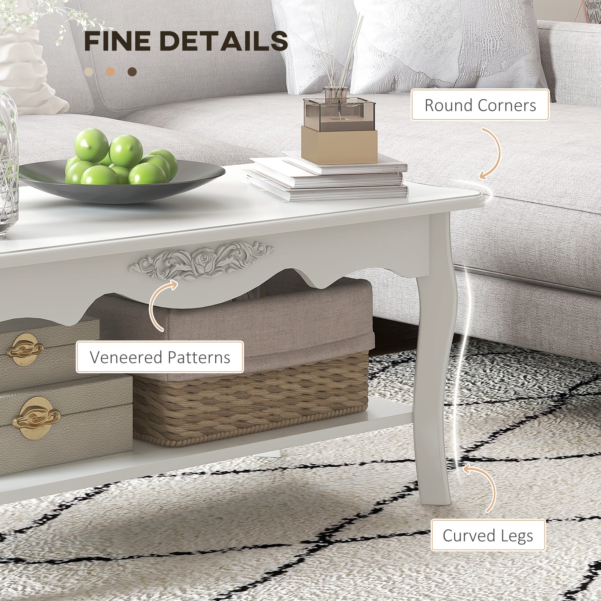 Coffee Table with Storage Shelf for Living Room, White Wood - Image 6