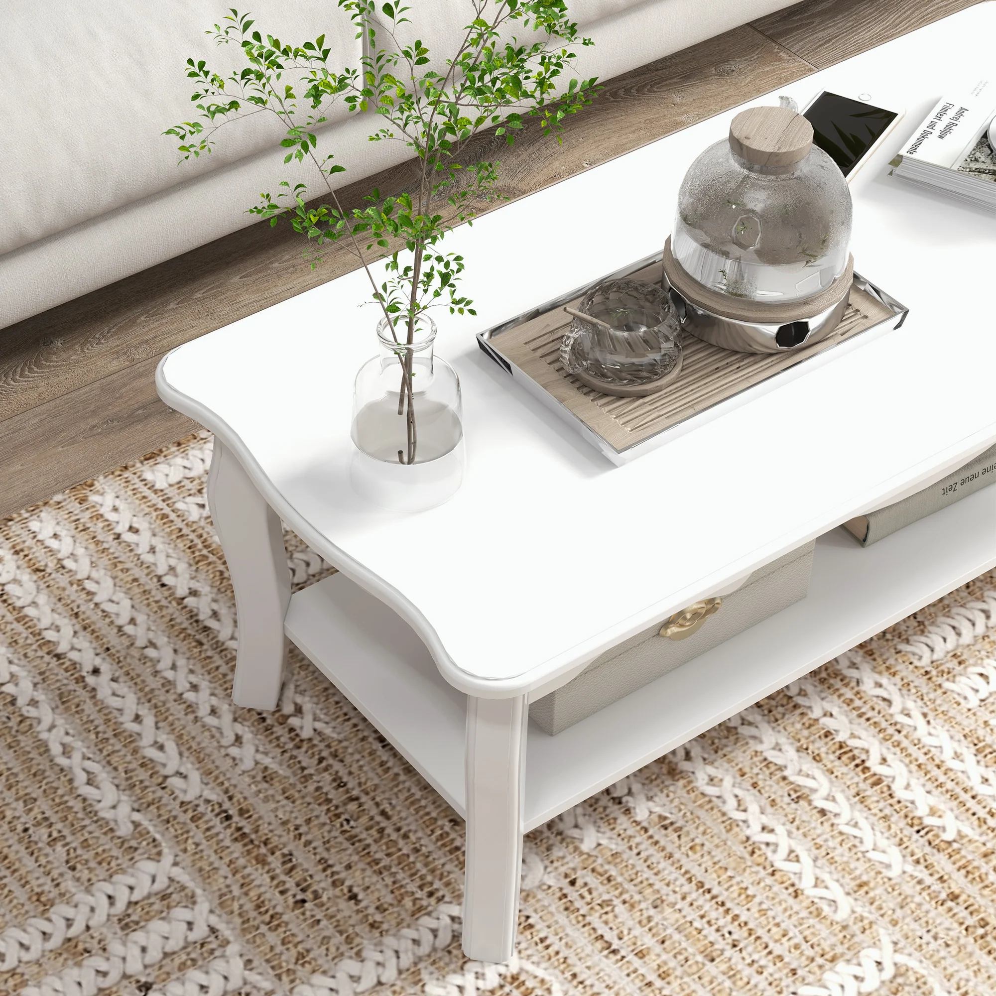 Coffee Table with Storage Shelf for Living Room, White Wood - Image 8