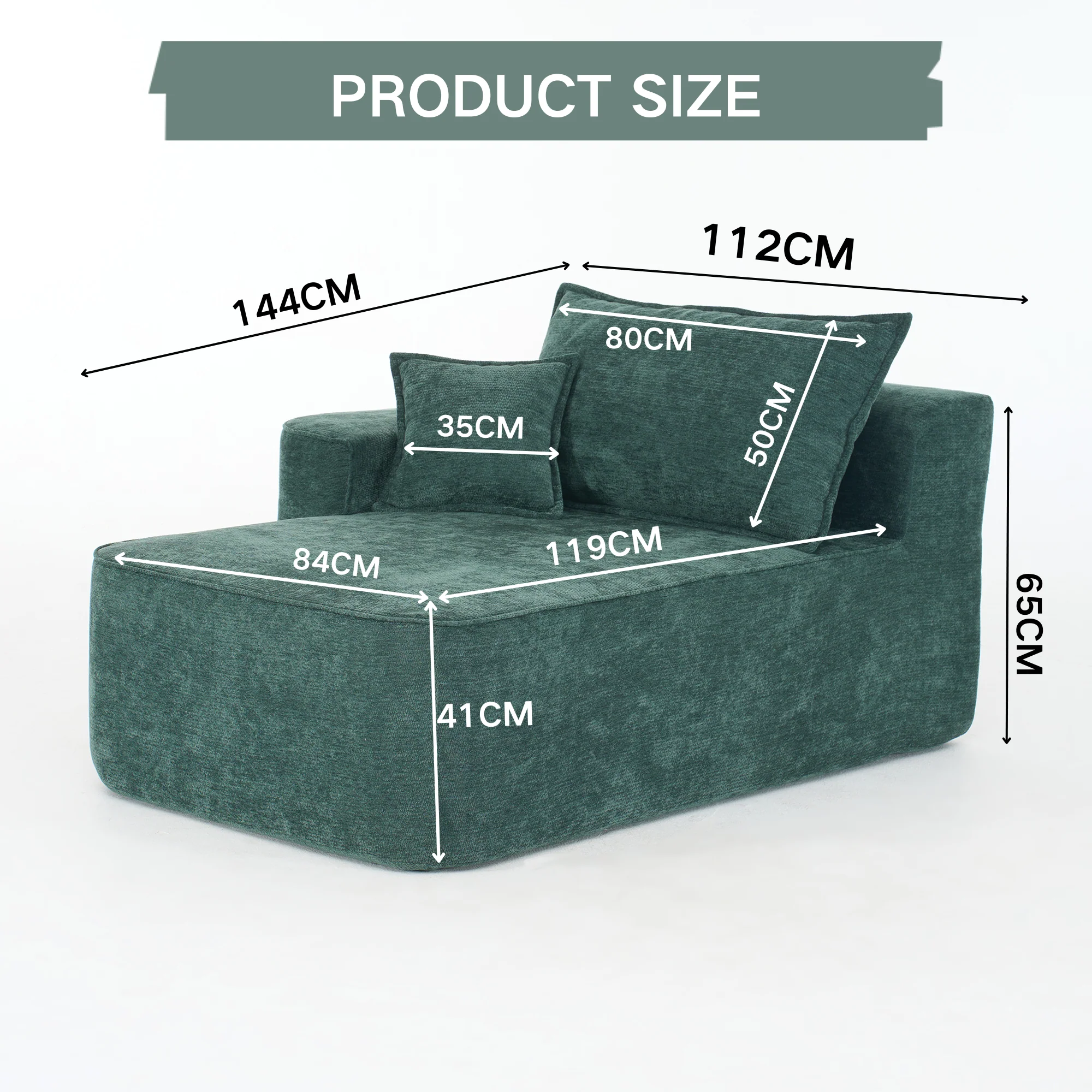 Comfortable Chaise Longue Sofa with Cushions and Side Pockets, Green - Image 2