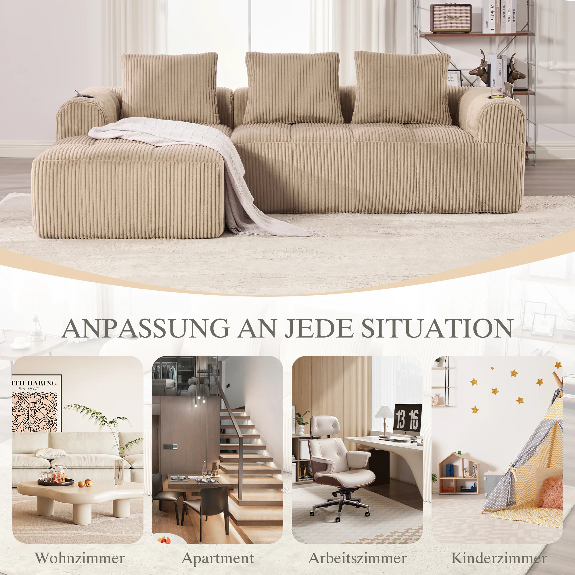 Compact Sofa Modular Side Pocket Cup Holder 3 Cushions - Corduroy Khaki - Image 10