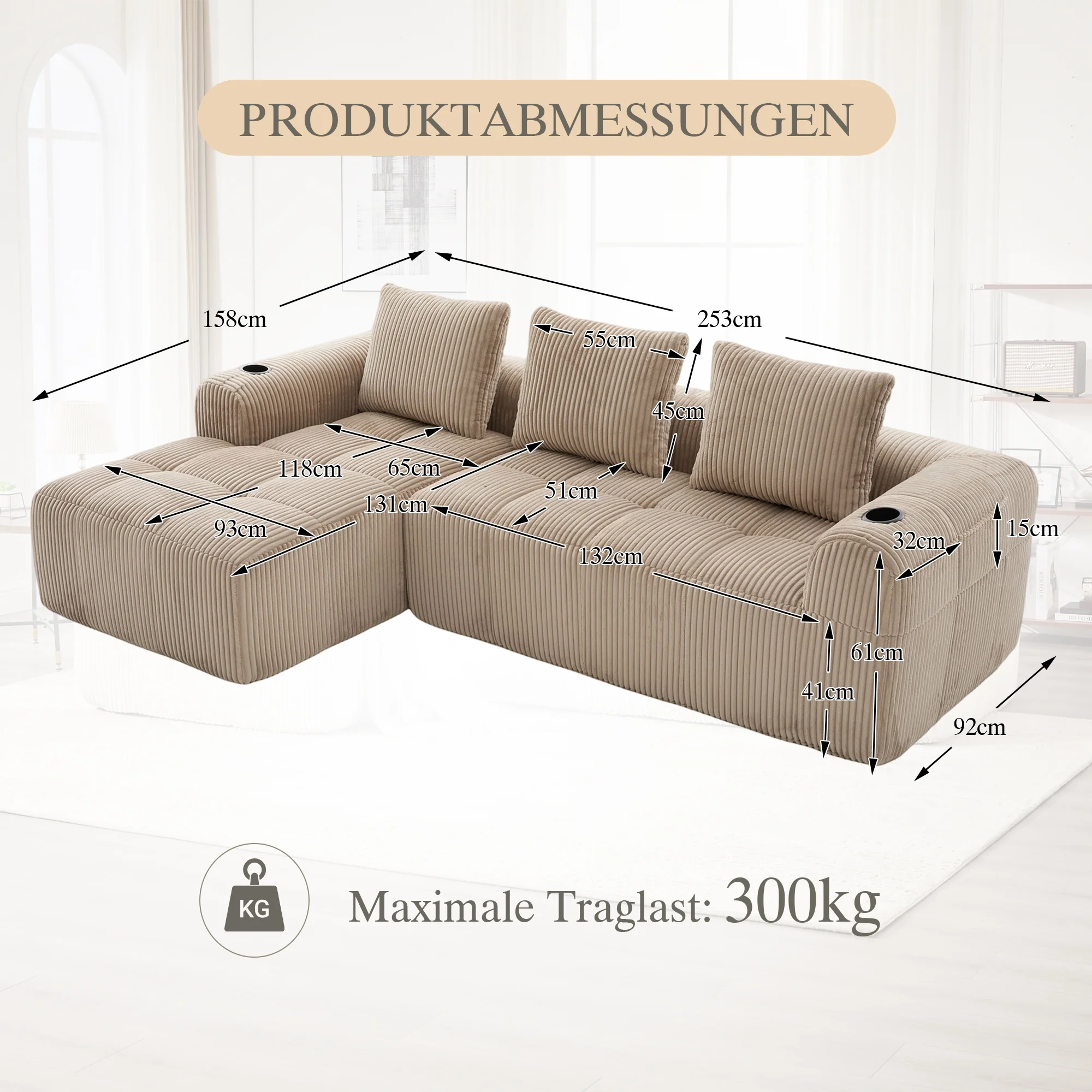 Compact Sofa Modular Side Pocket Cup Holder 3 Cushions - Corduroy Khaki - Image 2