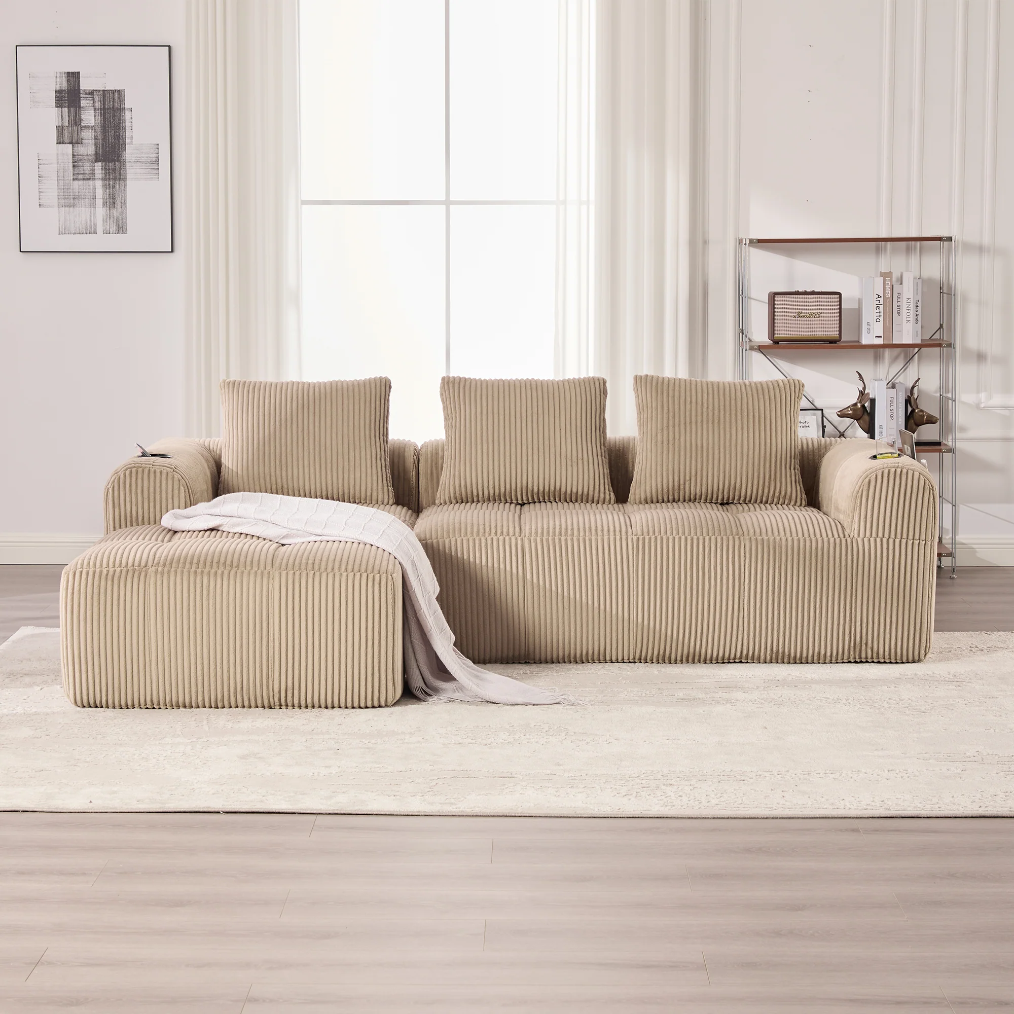 Compact Sofa Modular Side Pocket Cup Holder 3 Cushions - Corduroy Khaki - Image 3