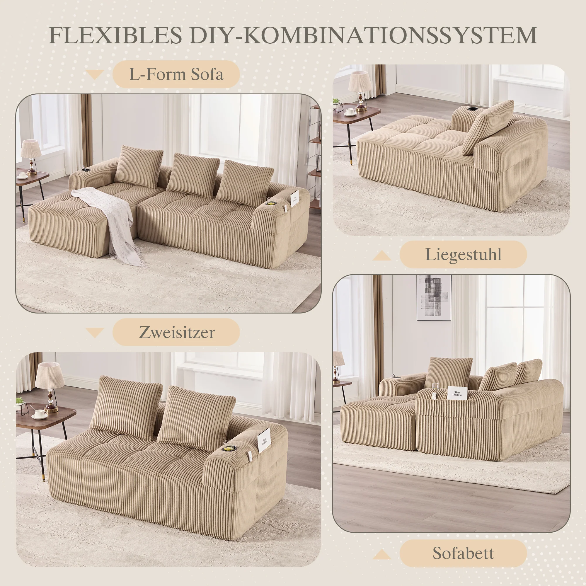 Compact Sofa Modular Side Pocket Cup Holder 3 Cushions - Corduroy Khaki - Image 4