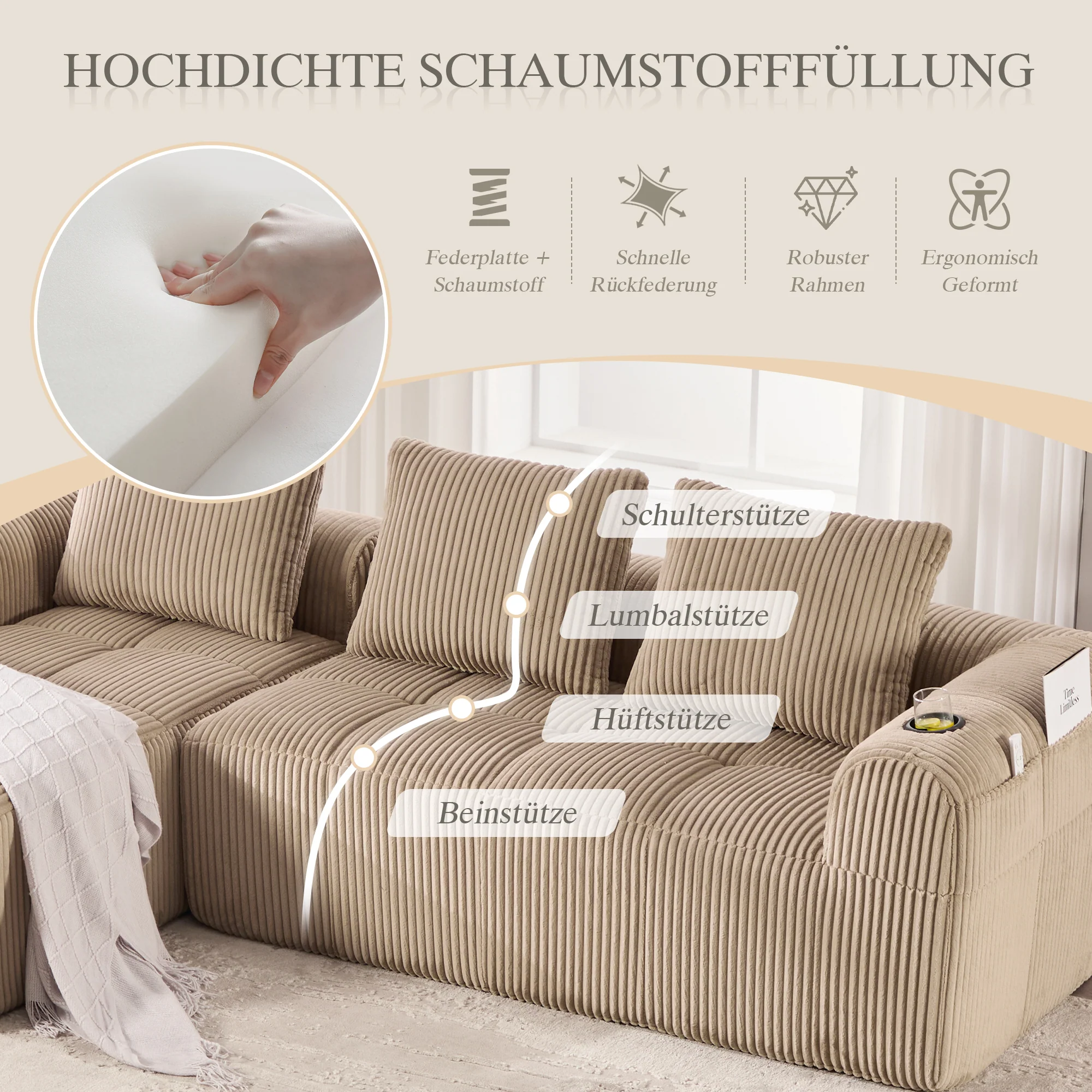 Compact Sofa Modular Side Pocket Cup Holder 3 Cushions - Corduroy Khaki - Image 5