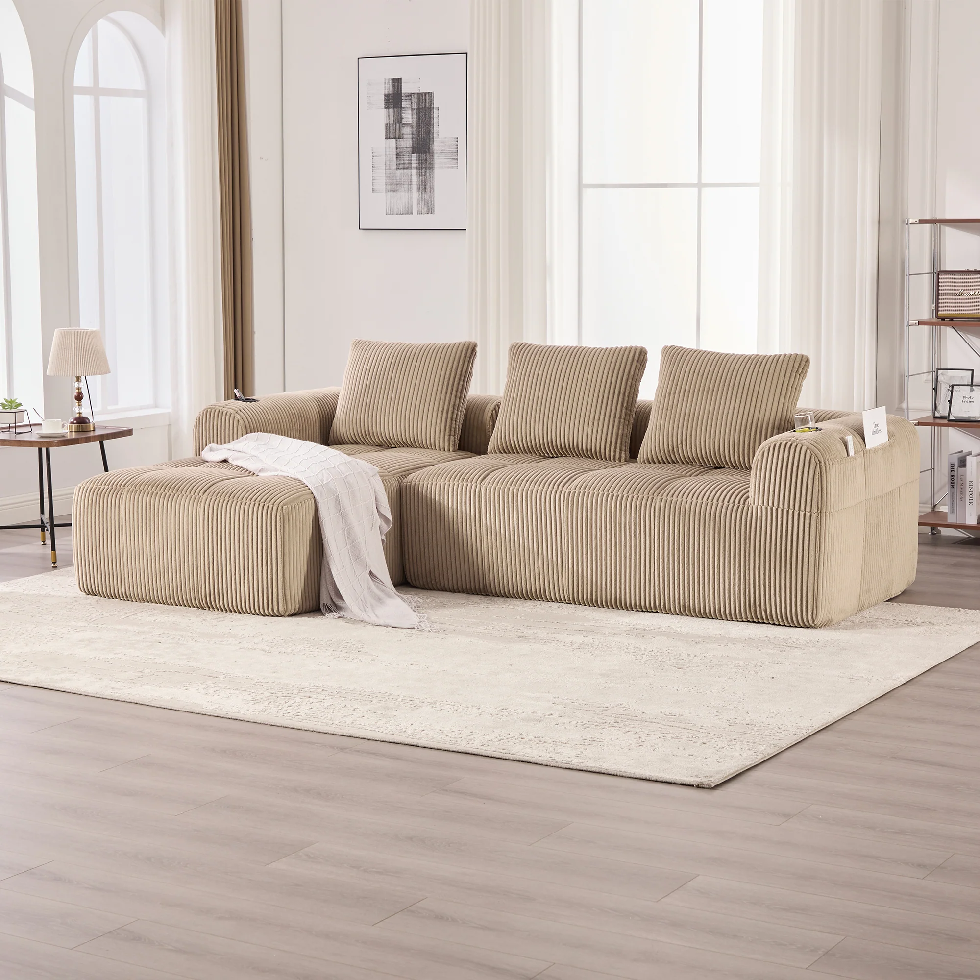 Compact Sofa Modular Side Pocket Cup Holder 3 Cushions - Corduroy Khaki - Image 6