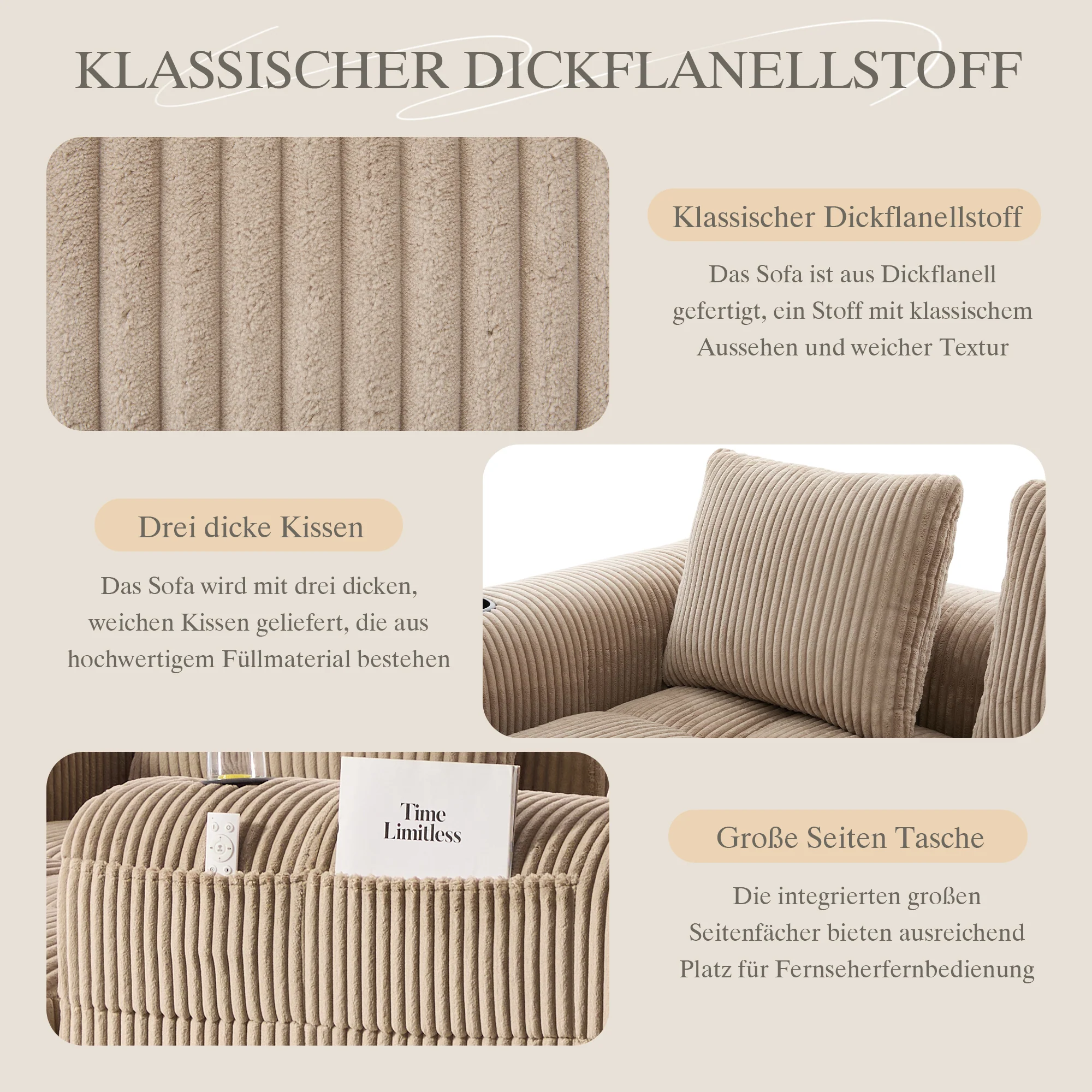 Compact Sofa Modular Side Pocket Cup Holder 3 Cushions - Corduroy Khaki - Image 7