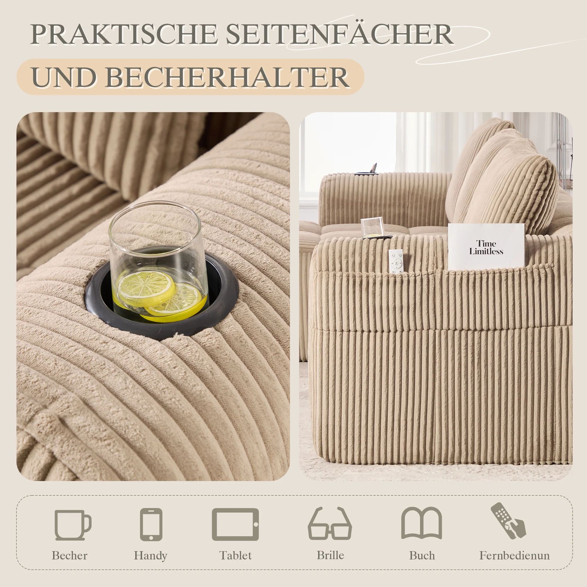 Compact Sofa Modular Side Pocket Cup Holder 3 Cushions - Corduroy Khaki - Image 8