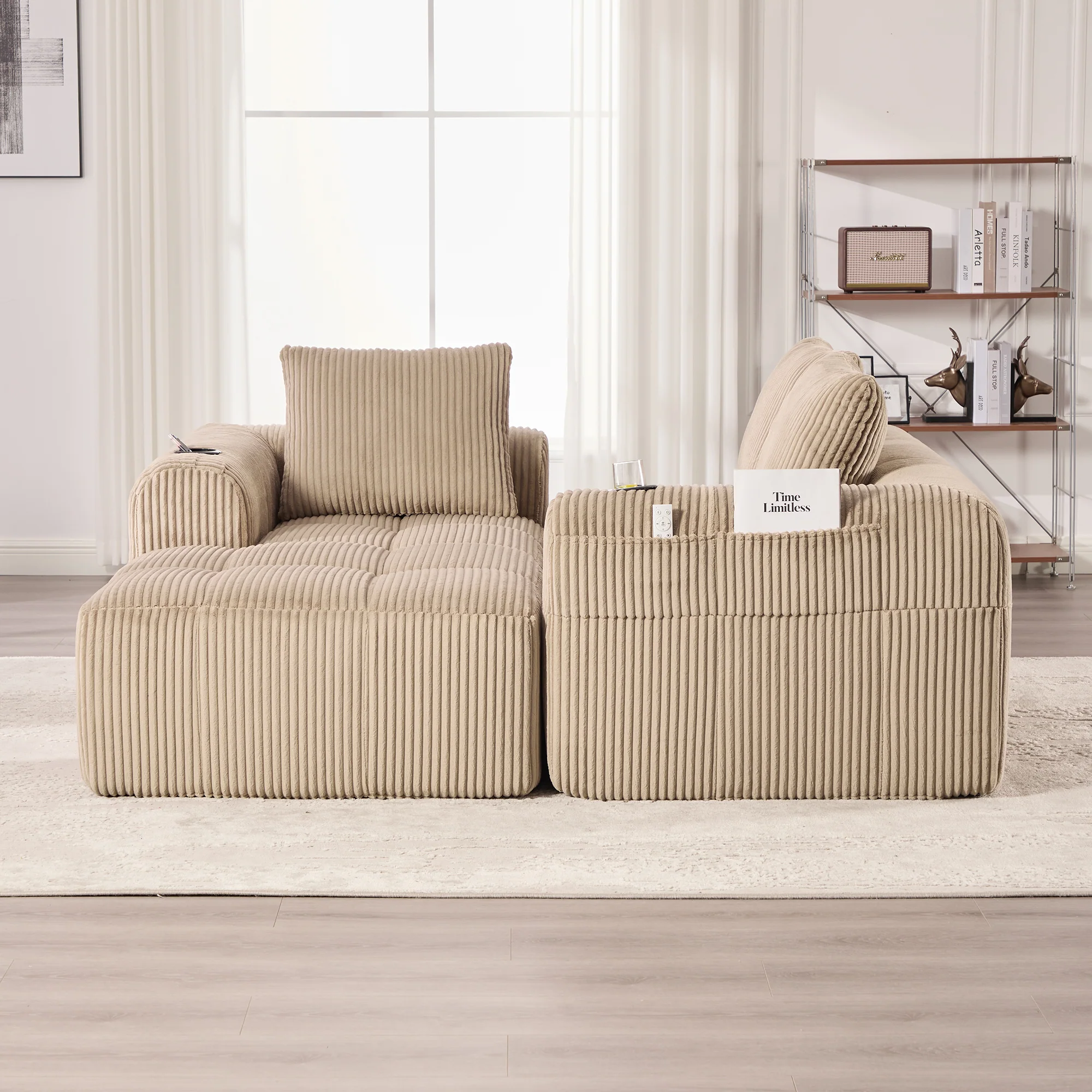 Compact Sofa Modular Side Pocket Cup Holder 3 Cushions - Corduroy Khaki - Image 9