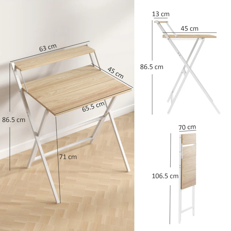 Computer Desk, 70 cm Folding with Monitor Shelf, Natural Wood Finish - Image 3