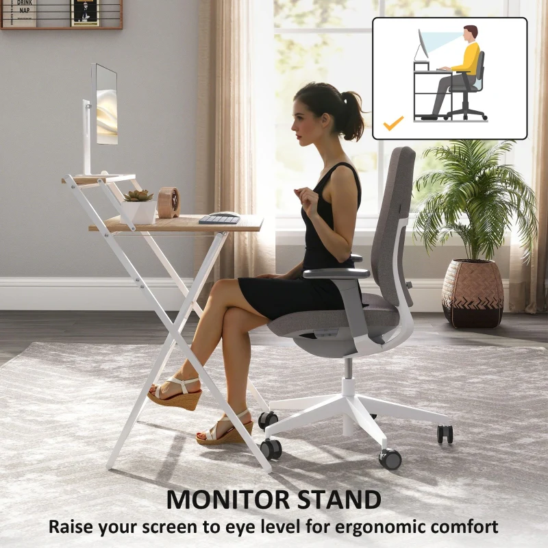 Computer Desk, 70 cm Folding with Monitor Shelf, Natural Wood Finish - Image 5